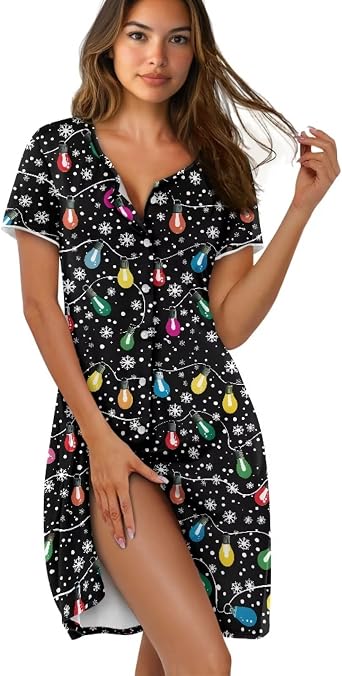 Womens Short Sleeve House Dresses Scoopneck Loose Fit Sleepwear Mid Length Casual Snap Front Nightdress Sleepwear