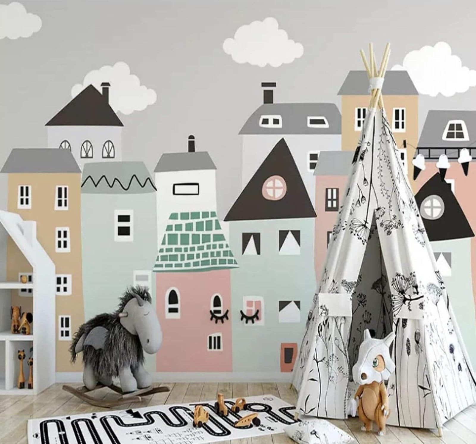 XLMING Hand Drawn Cartoon Colourful Little House White Clouds 3D Wallpaper Luxury Silk Study Dining Feature Sofa Grey Bedroom Living Room Tv Decorative Wall-430cm×300cm