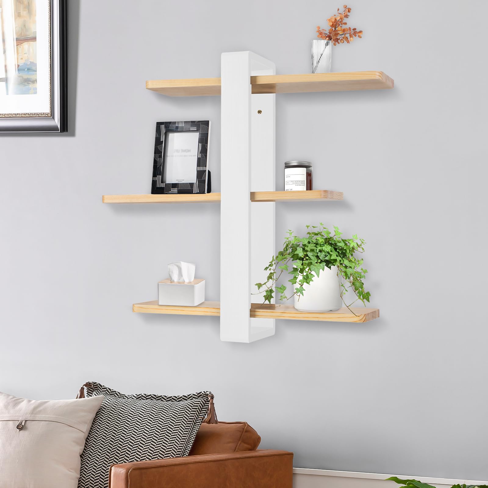 OHMG-- Estantería de pared moderna, soporte de suspensión, estantes flotantes decorativos de 3 niveles, estante industrial de madera, decoración de pared para salón, dormitorio, oficina, cocina