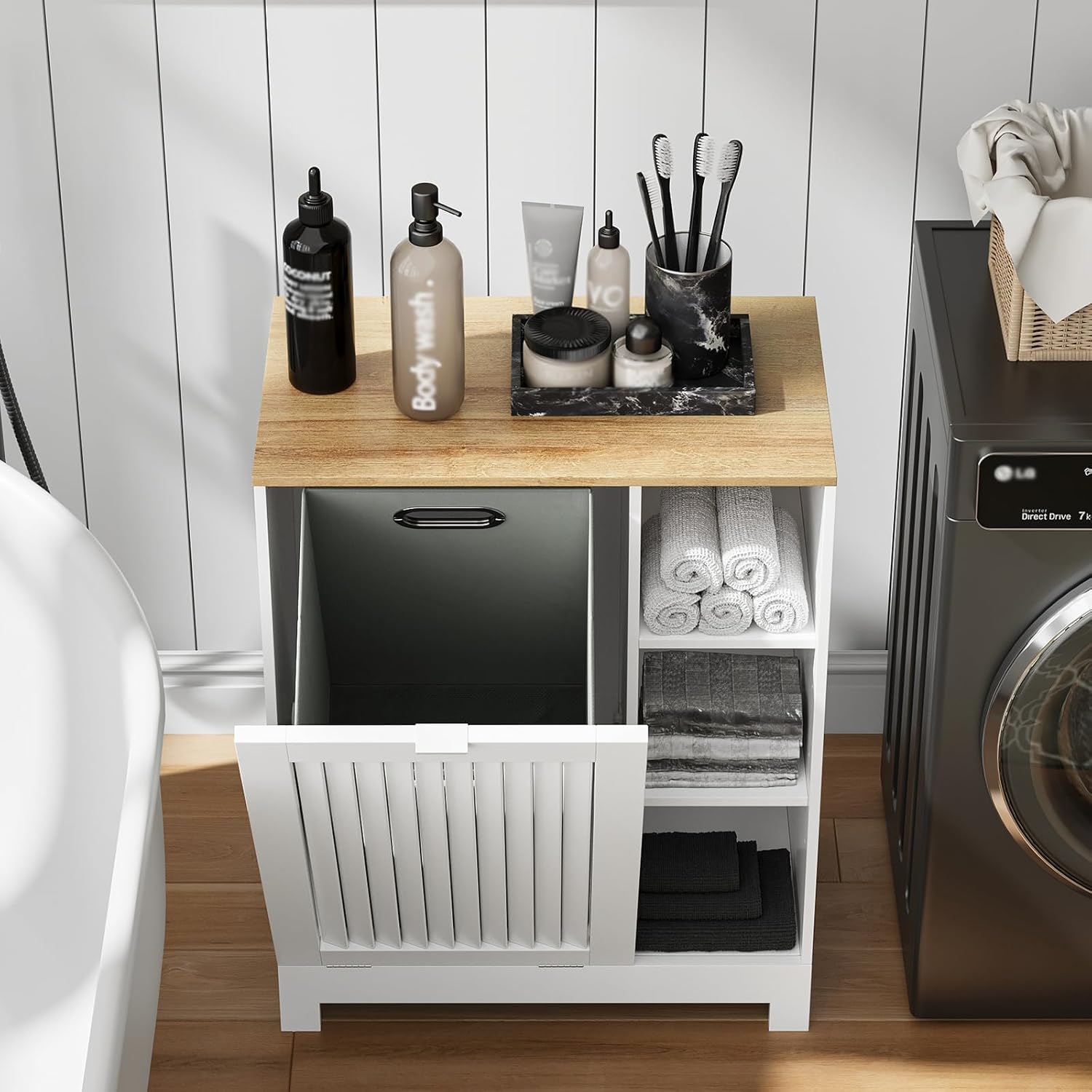 Laundry Hamper Cabinet with Tilt-Out Door - 2-in-1 Moisture-Resistant Storage with Removable Basket & 3 Open Shelves, Freestanding Organizer for Laundry Room, Bathroom