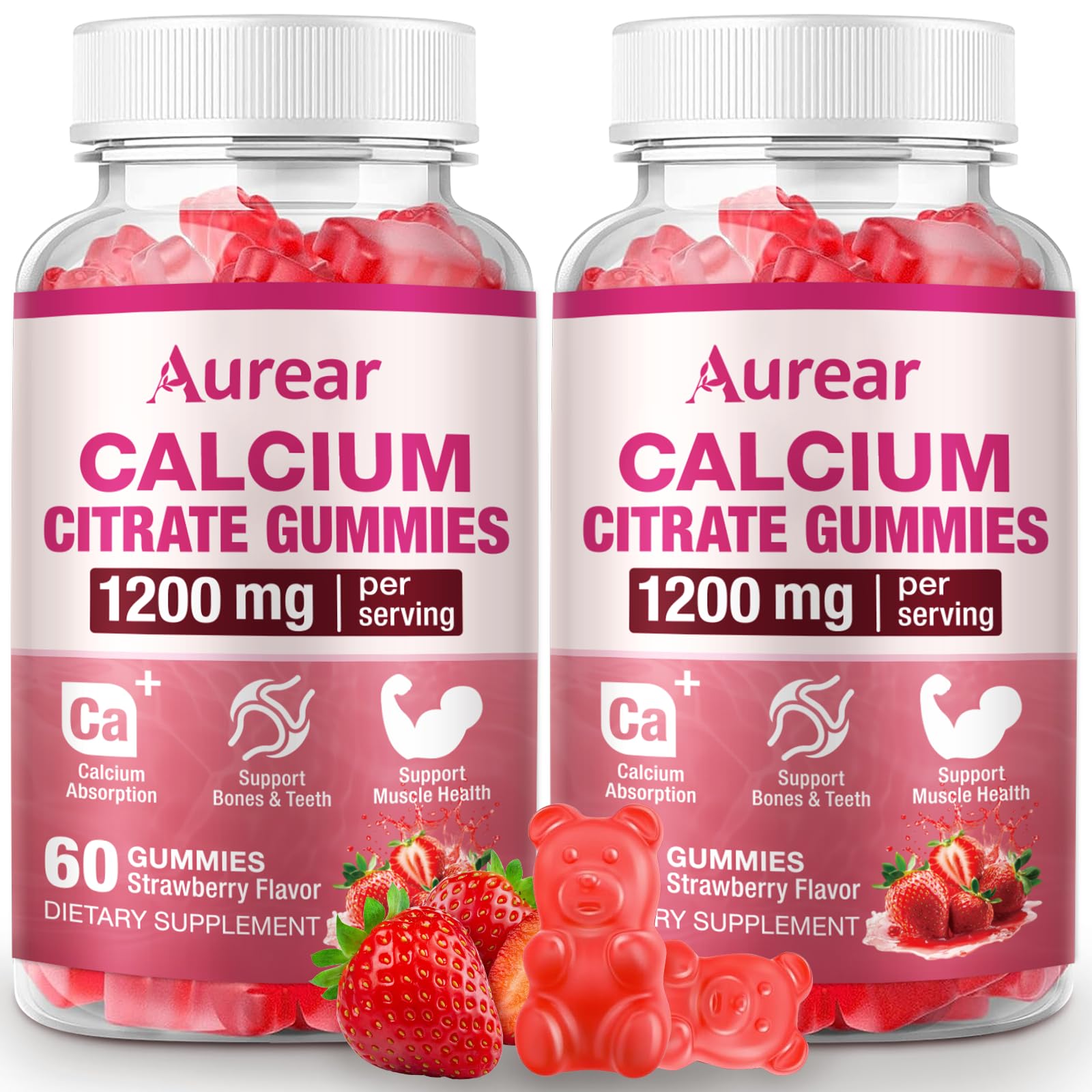2Pack Calcium Citrate Gummies, 1200mg Chewable Calcium Supplement for Men & Women, Muscle Support, Strawberry Flavor, 120 Count 60 Count (Pack of 2)