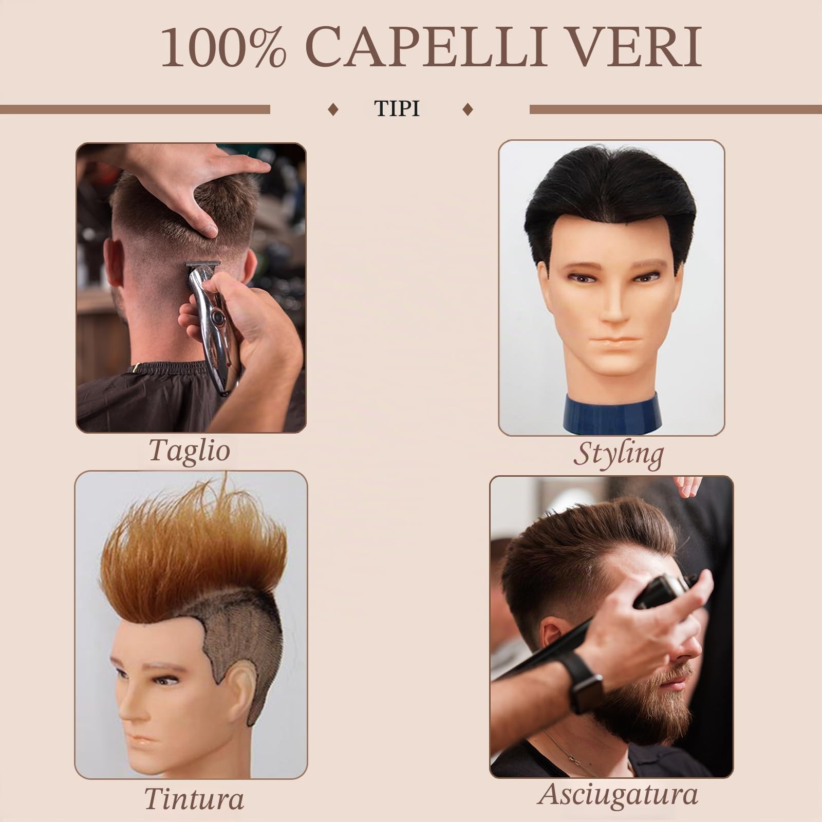 Testa per Parrucchieri Uomo Capelli Veri 100% Manichino 35cm Nero Taglio di Capelli Maschile