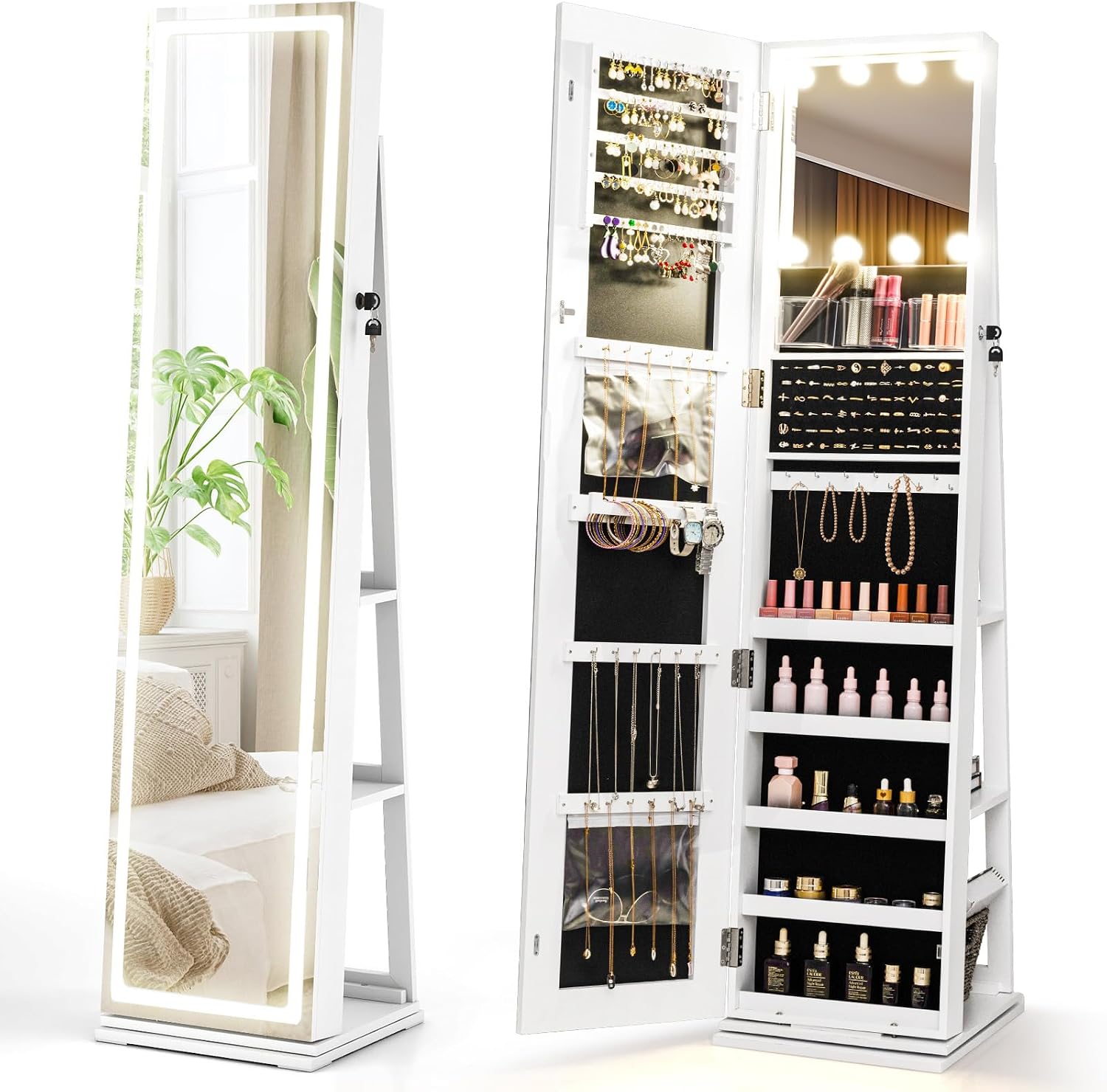 CHARMAID Swivel Jewelry Armoire with Full-Length LED Mirror & Interior Makeup Mirror, 360° Rotating Jewelry Cabinet with Storage for Earrings, Rings, Necklaces, Bracelets, Back Shelves (White)