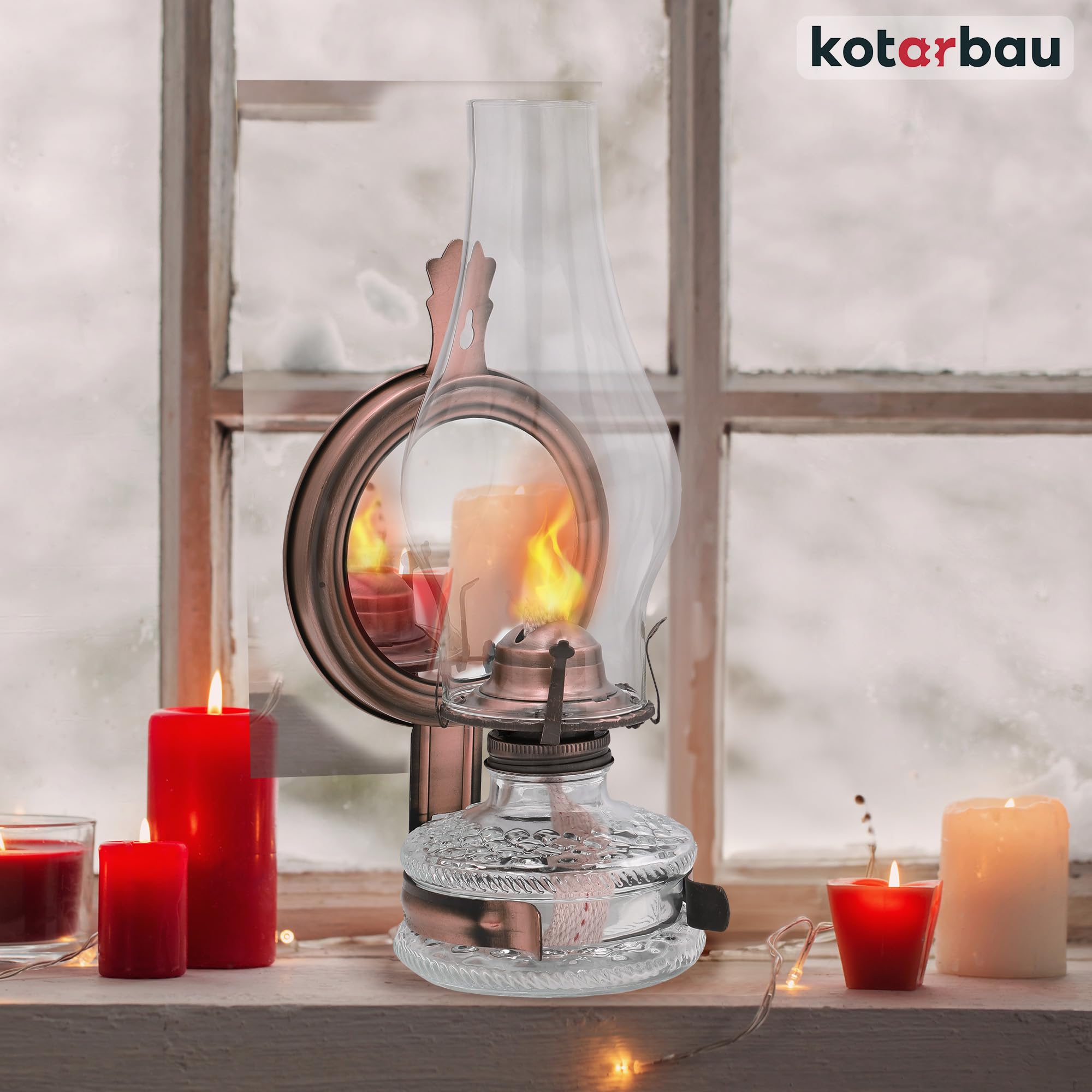 KOTARBAU® Petroleumlampe Glas Öllampe mit Spiegel Altes Kupfer Campinglampe Petroliumöllampe Kerosinlampe Laterne Vintage Öl Lampe Camping Licht Balkon Zubehör Petroleumlaterne für Innenräume