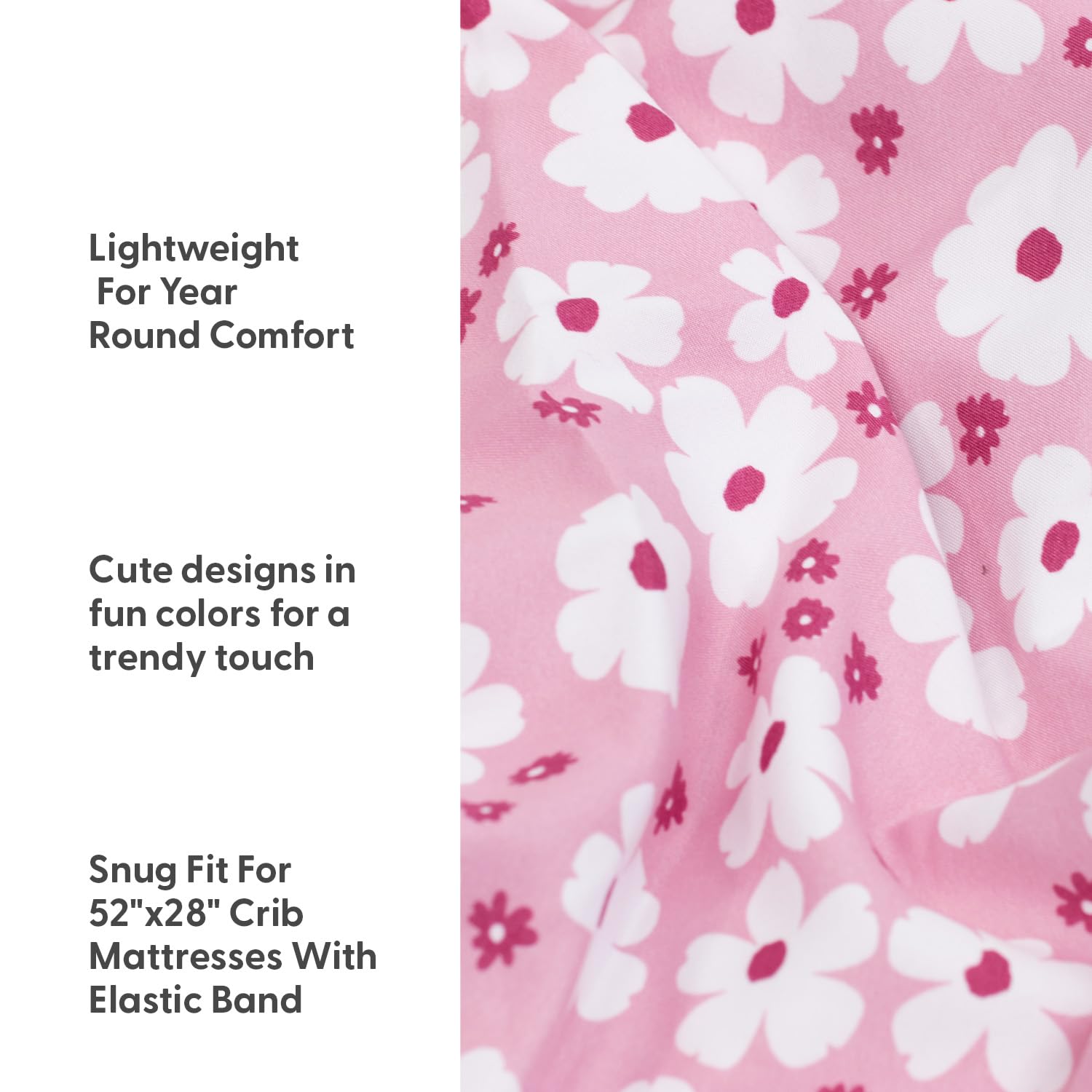 The Peanutshell Sábanas de cuna para niñas, juego de sábanas bajeras para bebé, colchón de cuna de tamaño estándar, 52 x 28 pulgadas, decoración floral de margaritas, paquete de 4 en rosa, blanco