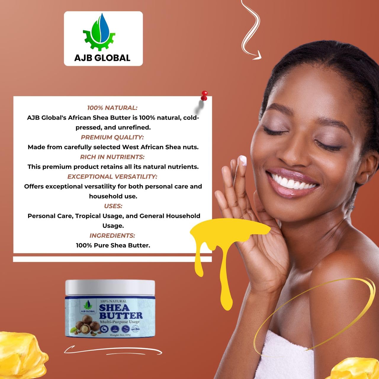 AJB Global African Raw shea butter- Unrefined,100% Pure - Natural Moisturizer for Skin & Hair 8 oz (228) g - Image 6