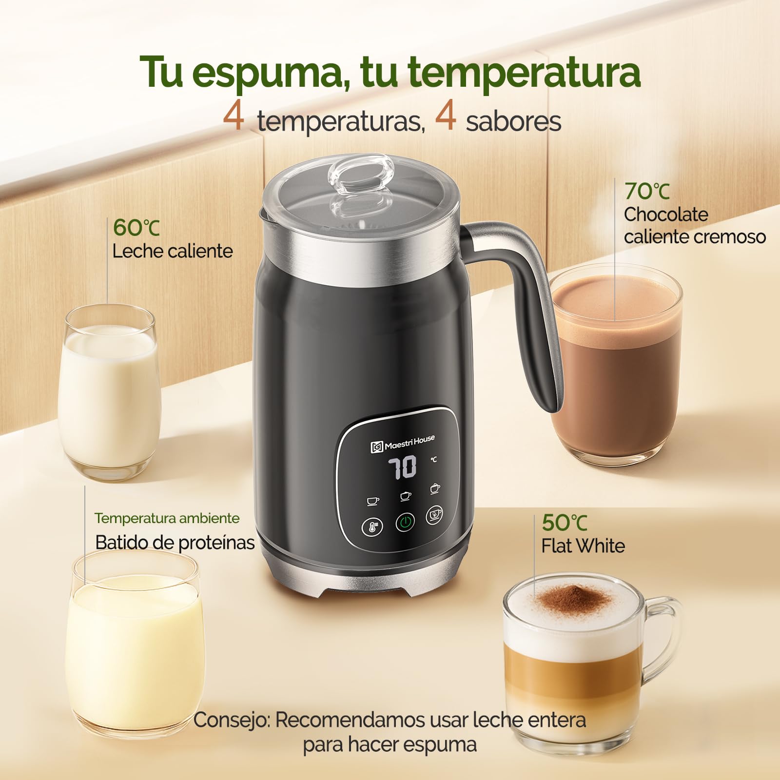 Maestri House Espumador de leche, 4 en 1 Espumador de leche de temperatura y espesor variables y vaporizador, 400ml Control táctil inteligente Fabricante de espuma, función de memoria para café con