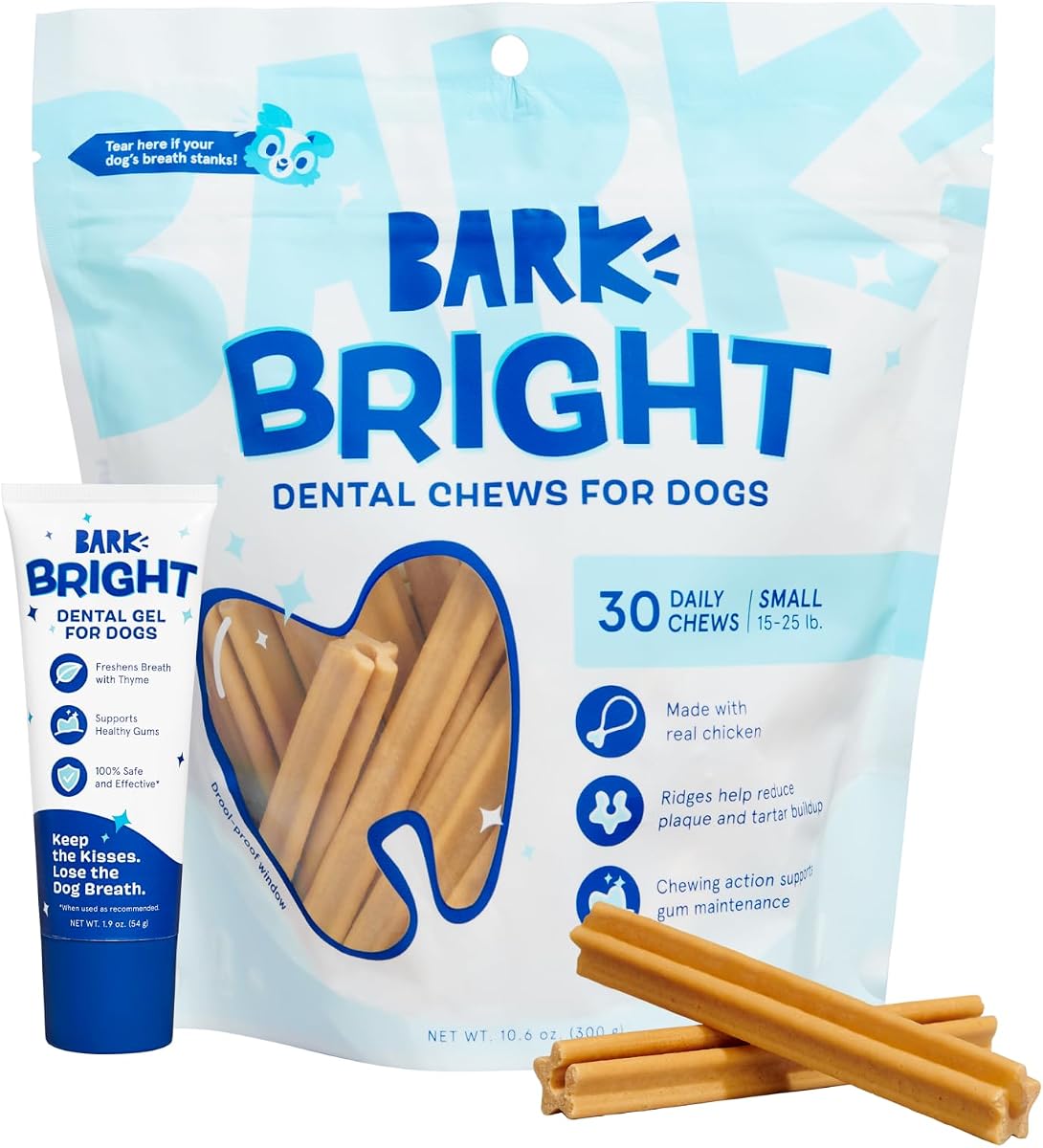 BARKBOX Bright Dental Care Kit - for Dogs - for Small Breeds (Up to 25 lbs) | 30 Dental Chews and Chicken & Thyme Flavored Gel Dog Toothpaste