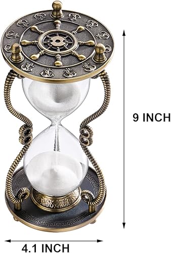 Miniatura 7 de CNCJ Temporizador náutico de arena de latón de 60 minutos reloj de arena de timón de metal antiguo, reloj de arena blanca de 60 minutos, reloj