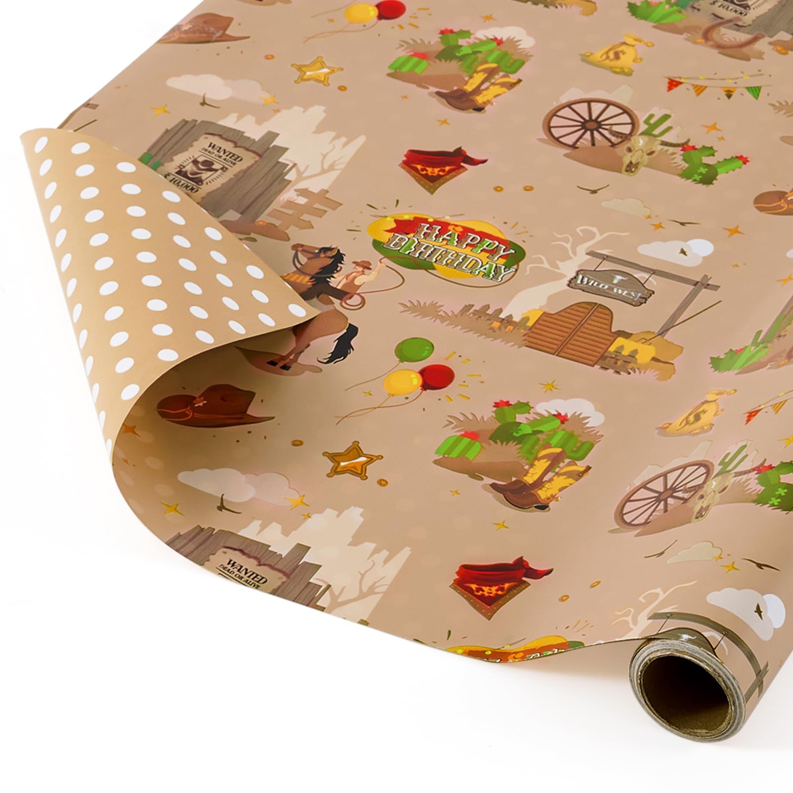 WERNNSAI Cowboy Wrapping Paper - 1 Roll Western Birthday Gift Wrap for Boys Men Kids Birthday Wrapping Paper Brown Cowboy Gift Packing Decoration with Reversible Polka Dot Design 43cm × 5m — image 1