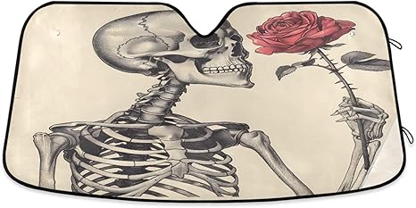 ALAZA Skeleton Rose Flower Sugar Skull Front Car Windshield Sun Shade Accordion Folding Auto Sunshade for Car Truck SUV Blocks UV Rays Sun Visor Protector 55 x 28 inch
