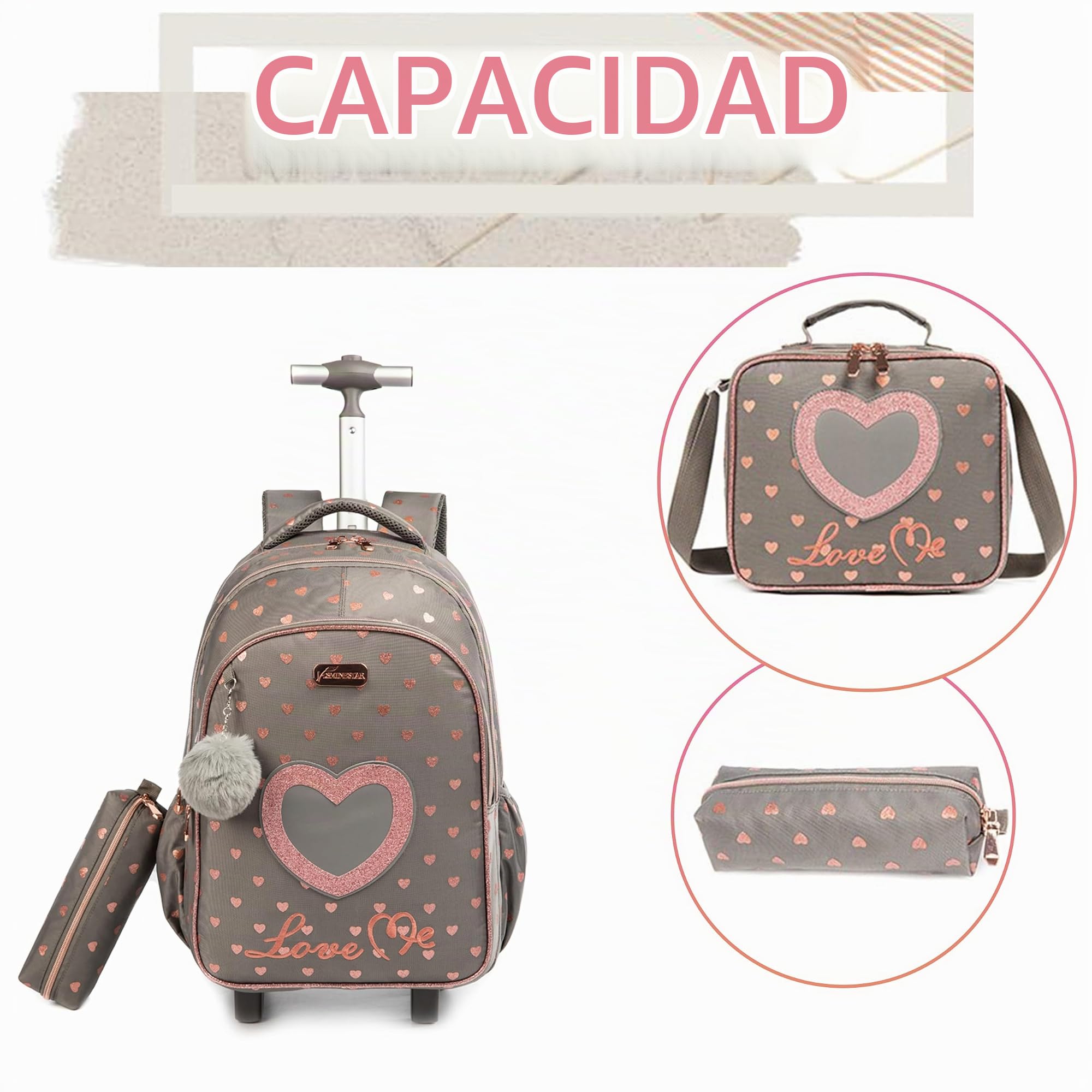 HTgroce Mochilas Escolares Niña con Ruedas, Mochilas Trolley Escolares con Bolsa de almuerzo Estuche escolar