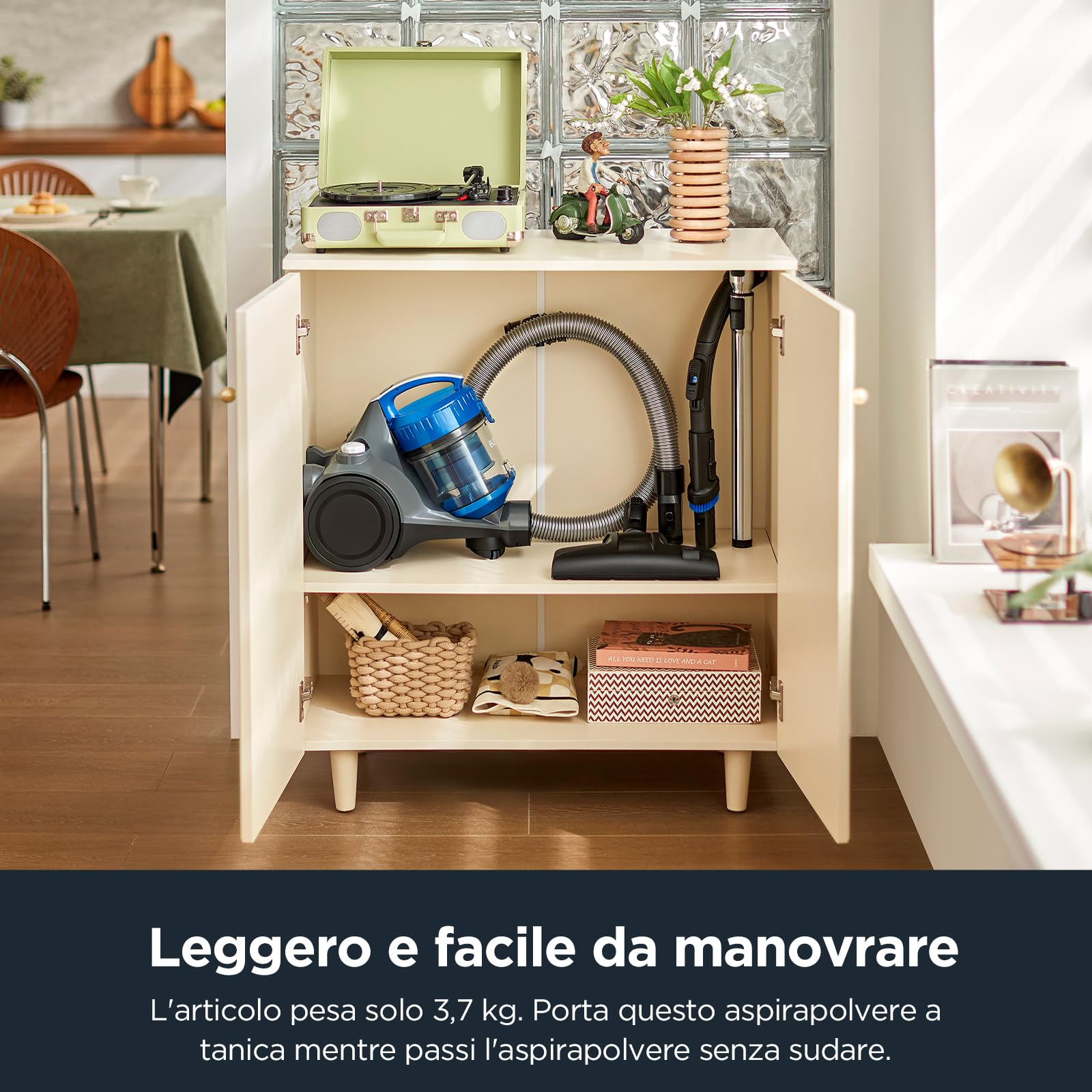 Eureka WhirlWind Aspirapolvere senza sacco, aspirapolvere a traino, aspirapolvere potente silenzioso con cavo per tappeti, pavimenti, pelo animale e polvere, 700W, 1,5L, blu
