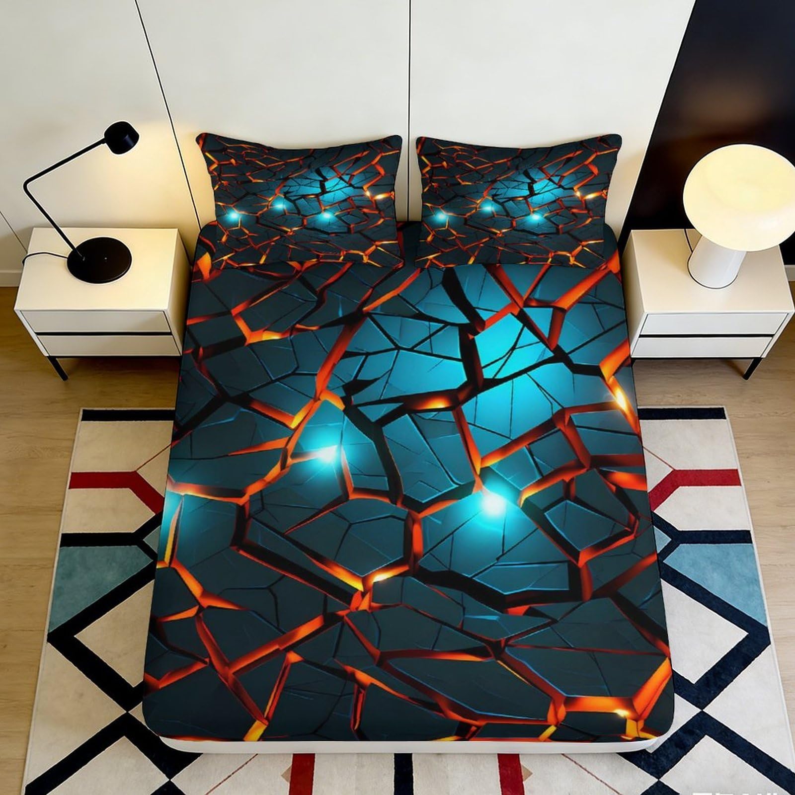 3D Printed Lava Cracked Fitted Sheet Microfiber Soft Blue Glow Mattress Cover for Bedroom Dorm Decor Protection 120x200x25cm