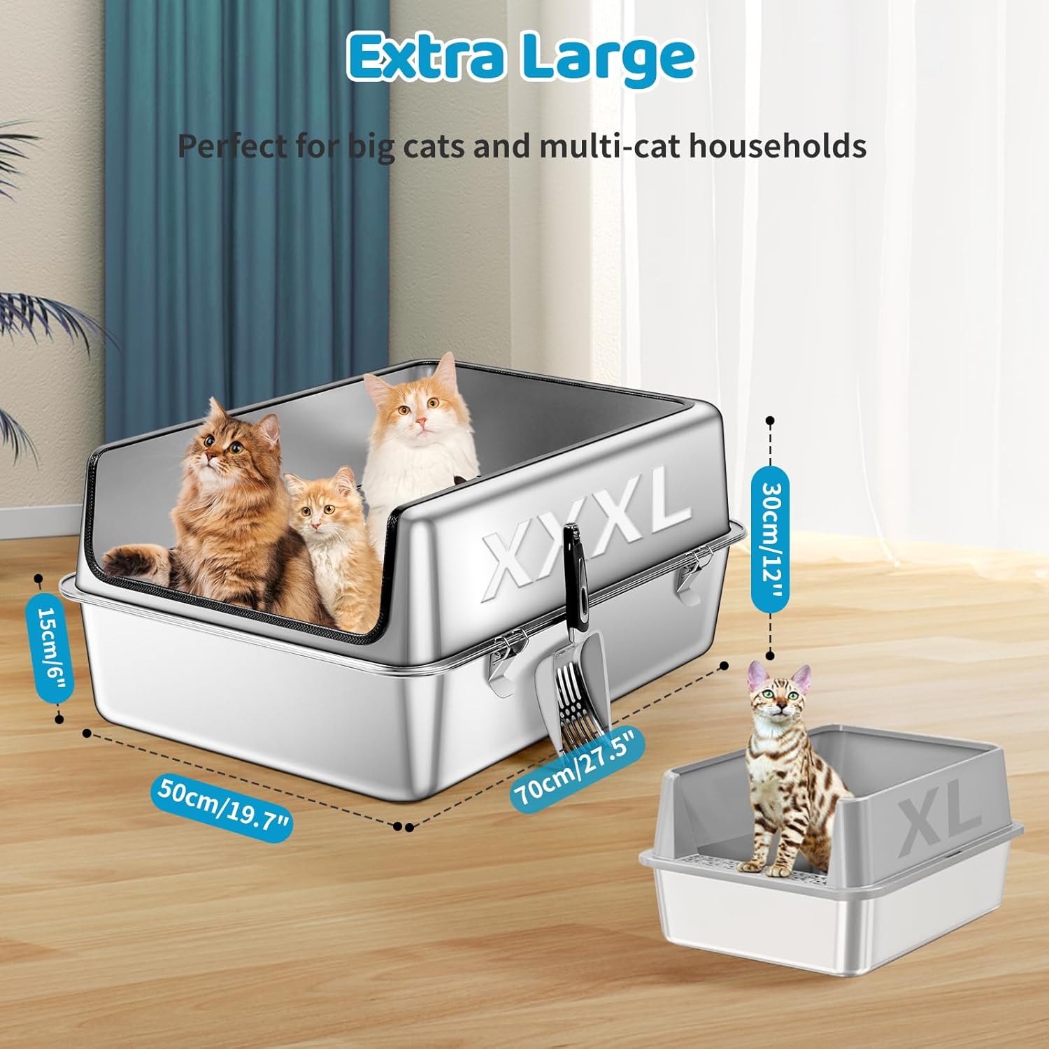 XXXL Stainless Steel Cat Litter Box, 28" L x 19.7" W x 12" H Extra Large Semi Enclosed Removable Metal Litter Tray with High Sided Enclosure, Scoop, Anti-Leakage, Non-Sticky, Easy Cleaning