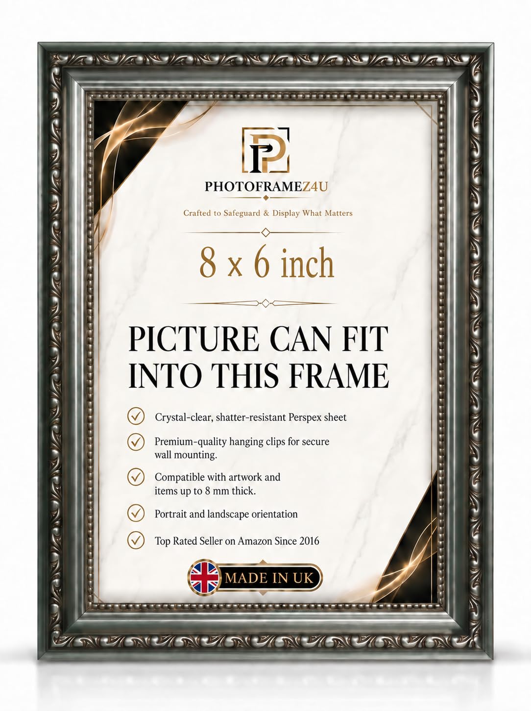 Ornate Gunmetal picture frame for 8x6 inch Picture | Photo frame for wall hanging and tabletop | Perfect for Posters, Artwork and Jigsaw Puzzles. โ image 1