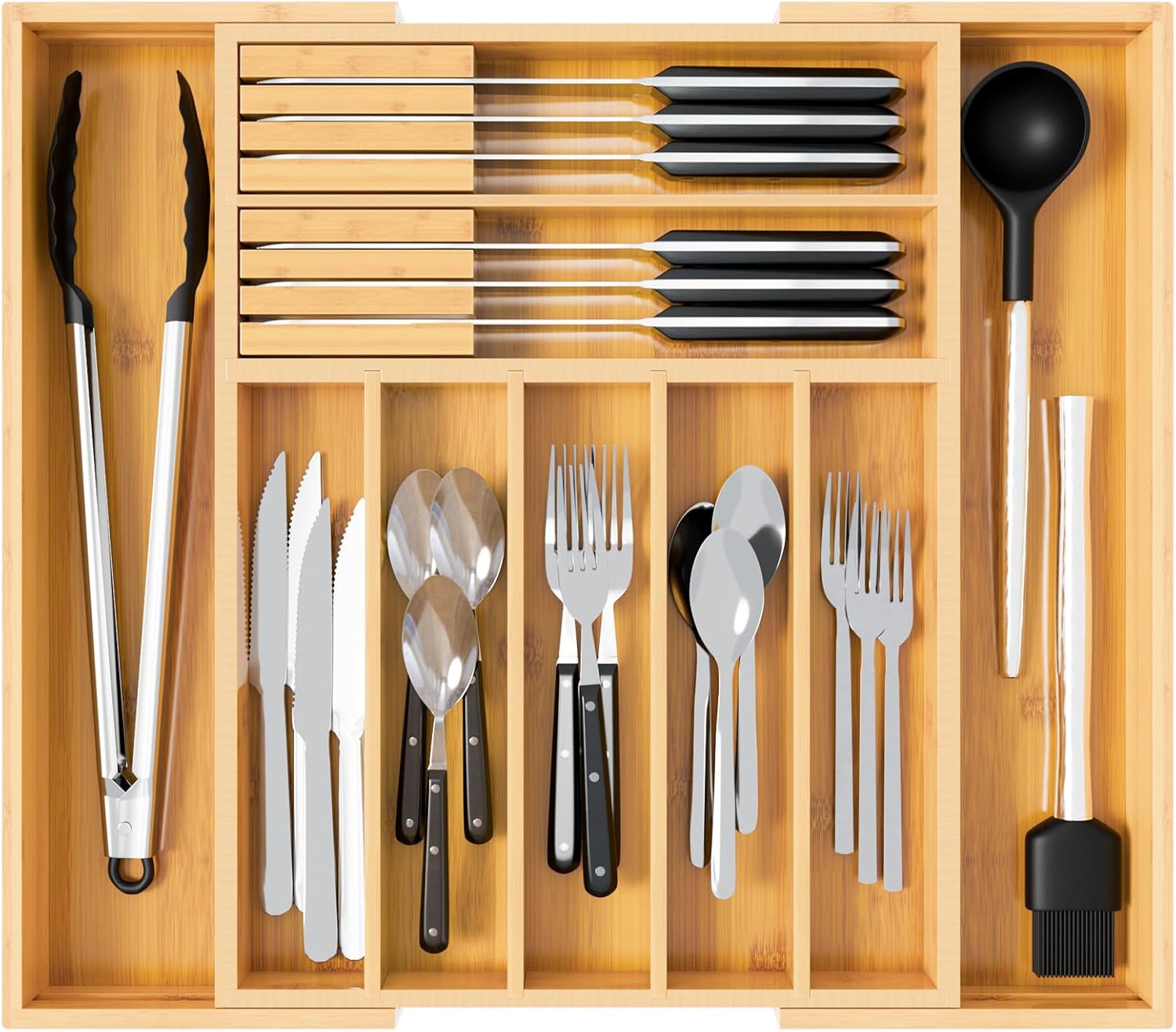 Dunruz Bamboo Silverware Drawer Organizer, Expandable 13" to 20" Wide Kitchen Utensil Holder with 2 Knife Blocks, 7-9 Slots Cutlery Tray for Flatware (Natural)