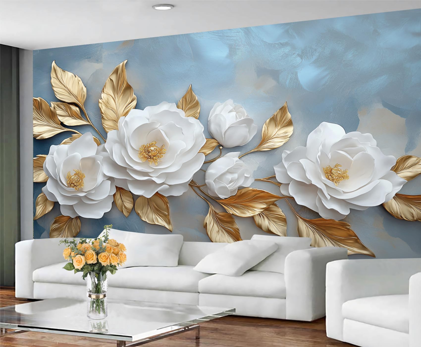 Floral Wallpaper, White Flower Self Adhesive Wallpaper for Living Room, Relief Flowers Wall Paper for Bedroom, Oil Painting Wall Mural, Golden Leaves Large Mural & Room Decor