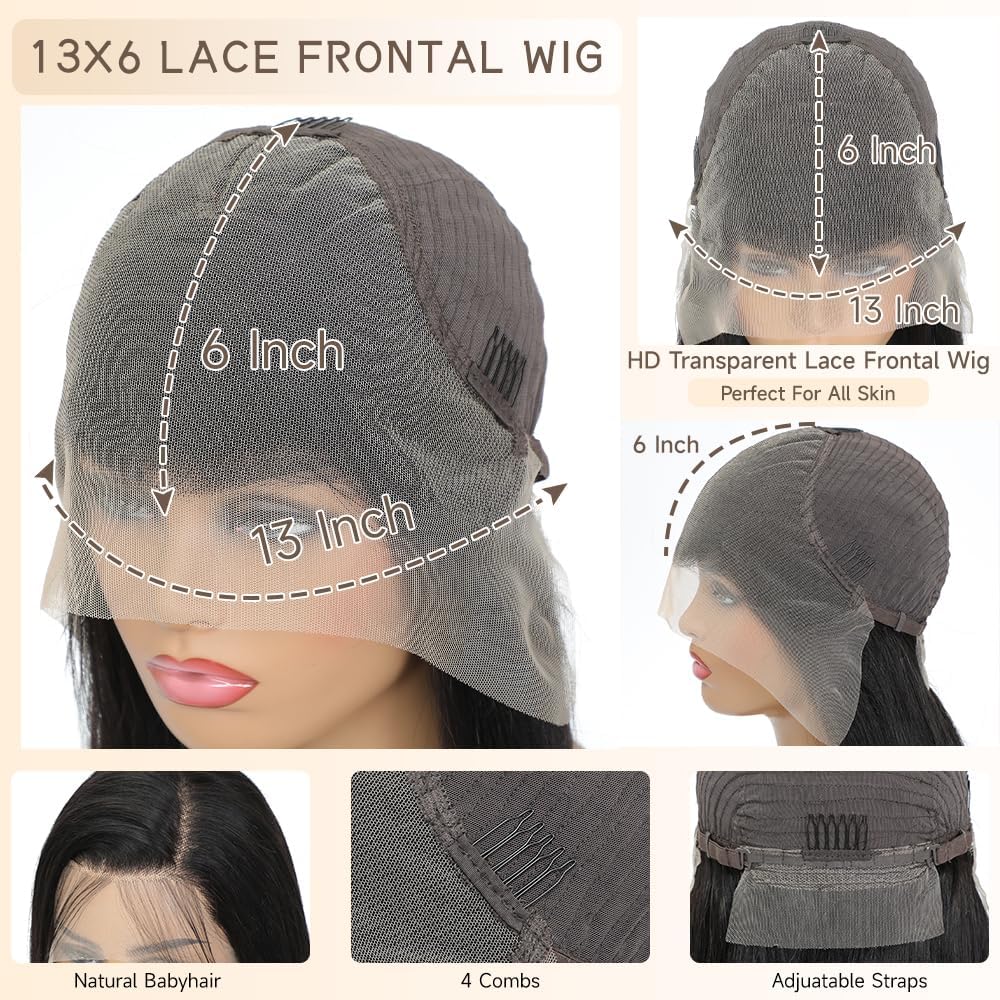 Bele 13x6 Straight Lace Front Wigs Human Hair 26 inch 180 Density Glueless Brazilian Straight HD Transparent Lace Front Wigs for Women Pre Plucked with Baby Hair Natural Color - Image 4