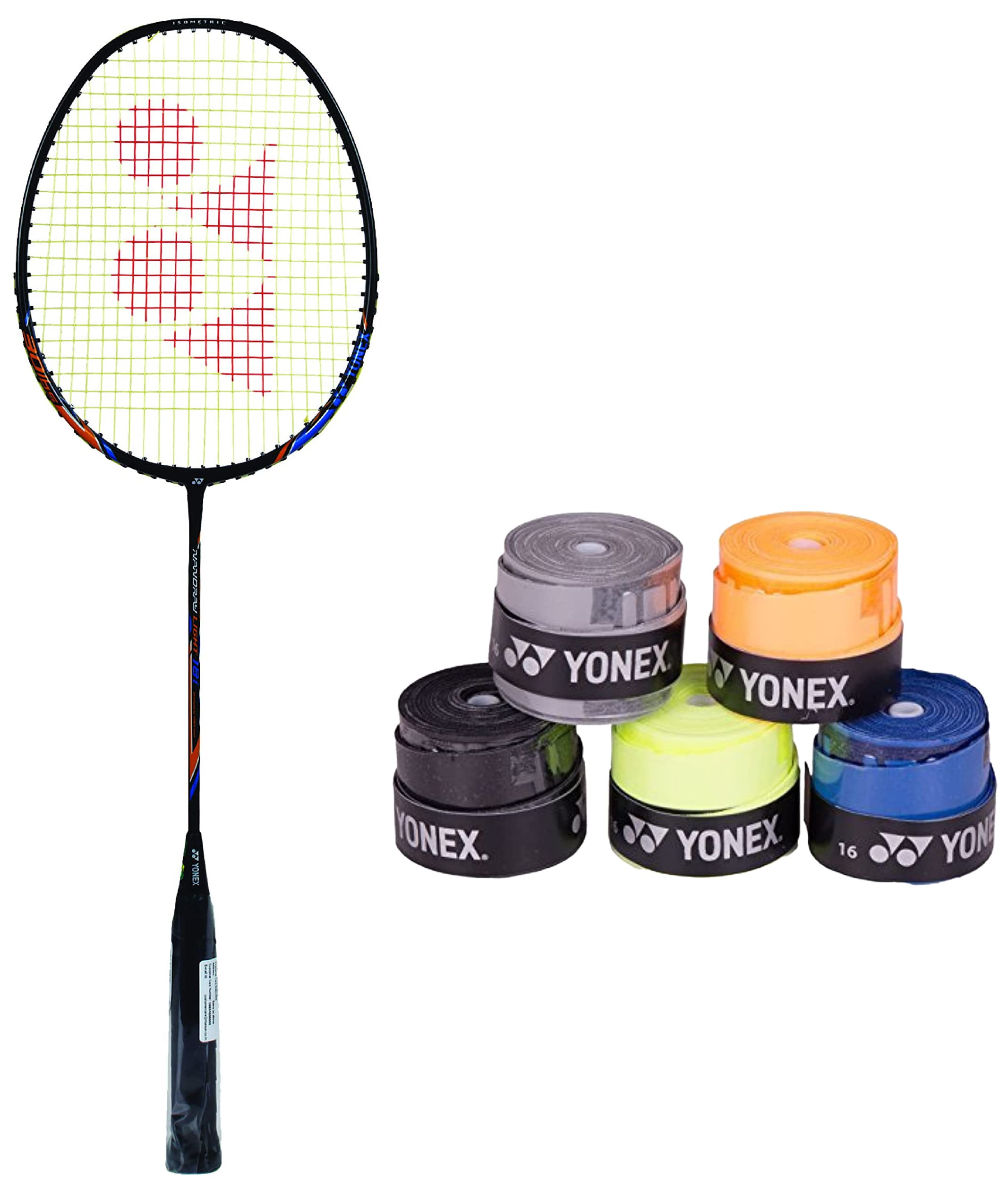 Nano ray 18I Badminton Racquet (Black, Graphite, G4-77g, 30 lbs. Tension) & Etech 902 Pack of 5 Badminton Grips Combo