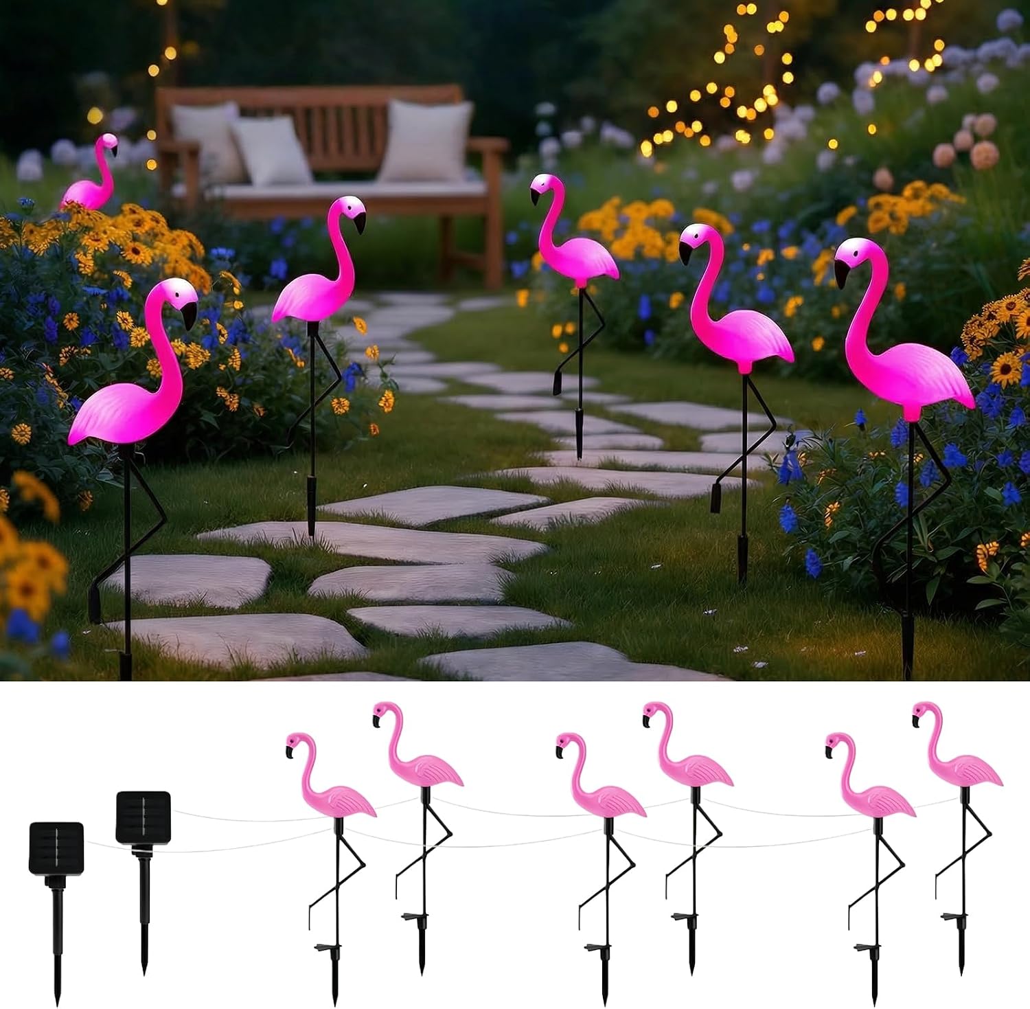 Flamingo Solar Lights Outdoor 6-Piece Set Waterproof Solar Garden Lights for Outdoor Decor Pink Flamingos for Yard Patio Pathway Decoration Pink Flamingo Garden Ornaments