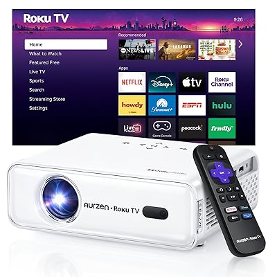 Aurzen Roku TV Smart Projector with Wifi and Bluetooth, Christmas Gifts, Roku Streaming Experience Built-in, 1080P FHD, Dolby Audio, Auto Focus & Keystone, Zoom, Movie Portable Outdoor Mini Projector