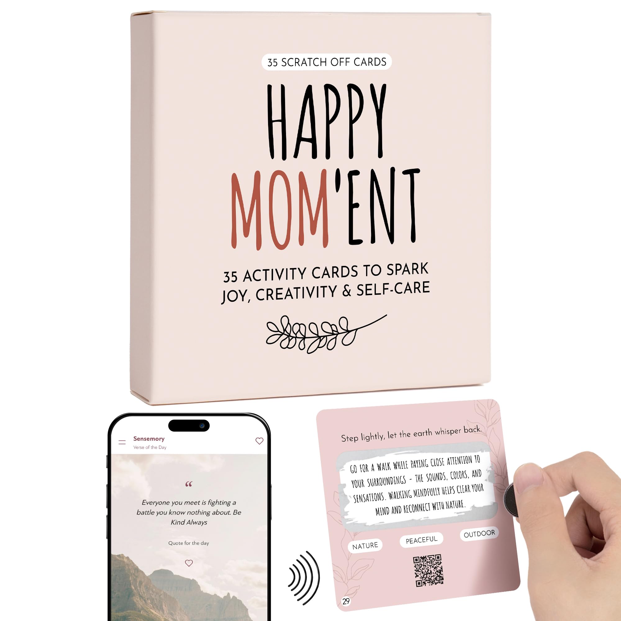 Sensemory Happy Mom'ment – 35 Self Care Activites Scratch Cards with QR Affirmations for New Moms, Postpartum Gifts, Thoughtful New Mom Gifts for Mom