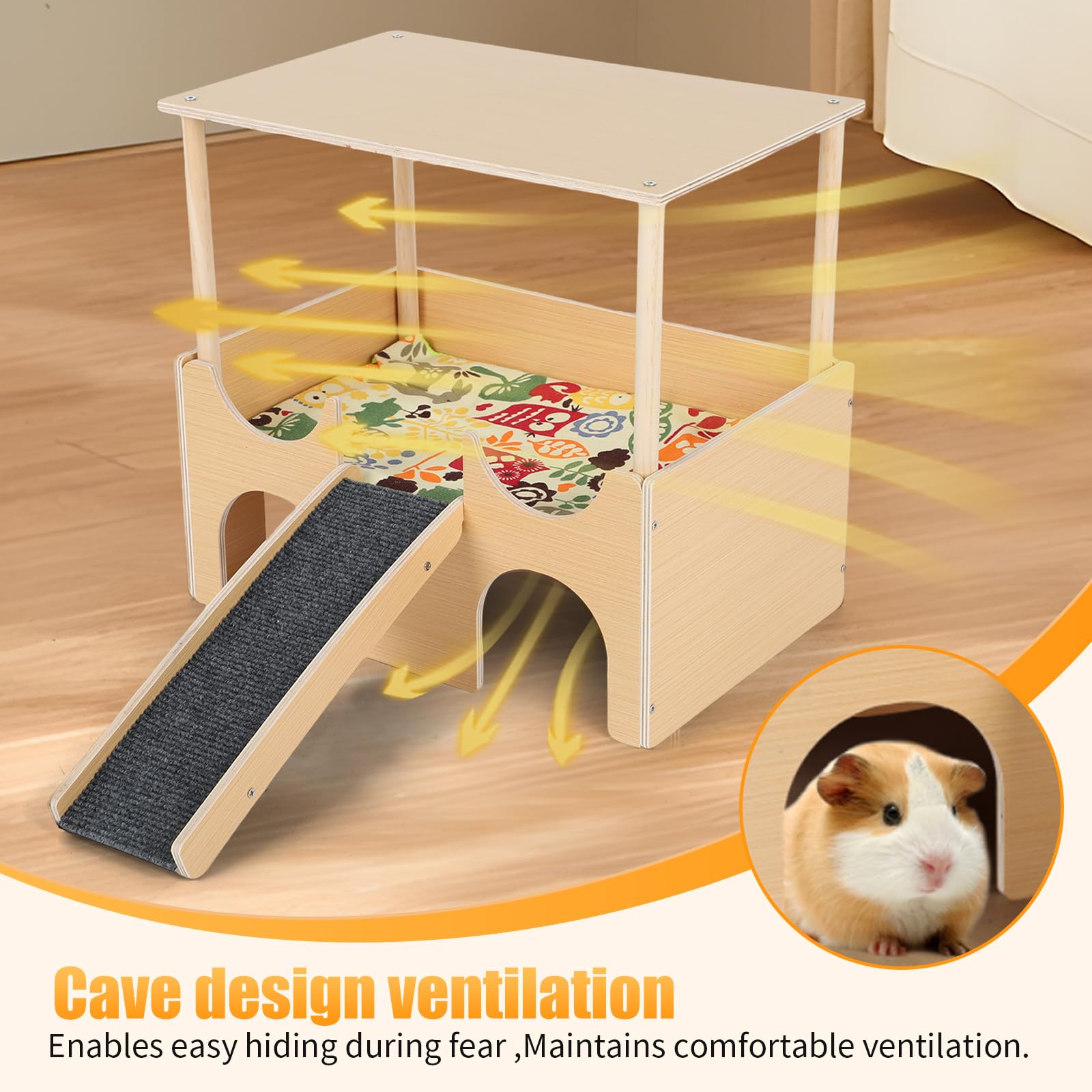 Meerschweinchen Haus, Holz Meerschweinchenbett mit 4 Höhlen&Rampe, Groß Hamster Schloss Versteck mit Antirutschmatte, Treppe und Matten, für Chinchilla Zwergkaninchen Eichhörnchen Igel (Doppelschicht)