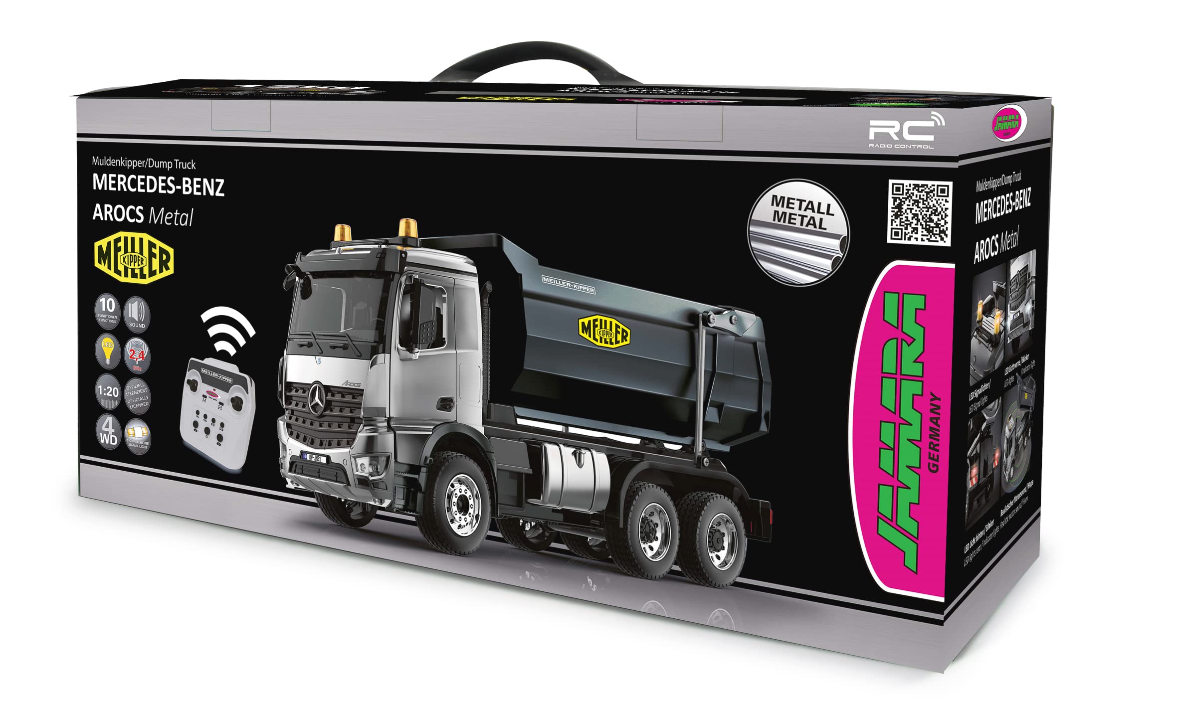 Muldenkipper Mercedes-Benz Arocs Metal Meiller 1:20 2,4GHz – Hubkraft 15KG, Metallgetriebe, Metallmulde, 4 Radantrieb, Fahrwerksfederung, Gummireifen, LED Licht / Signallichter