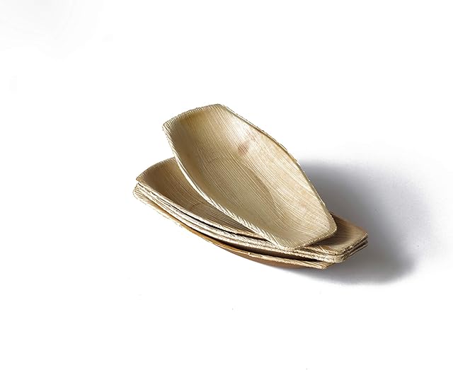 DISPOSABLE GREEN PACK OF 25 | STURDY BOAT/TRAY | MADE FROM PALM LEAF| IDEAL FOR PARTY FOODS | STARTERS | CANAPES| MICROWAVE AND REFRIGERATION FRIENDLY|180 X 75 mm