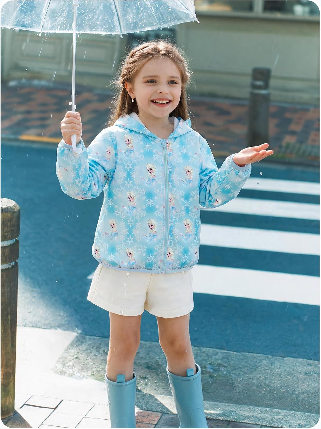 Disney Frozen Elsa Stitch Minnie Toddler Girls Hooded Rain Jackets Lightweight & Water-Resistant Kids Zip Up Rain Coats 2-6Y