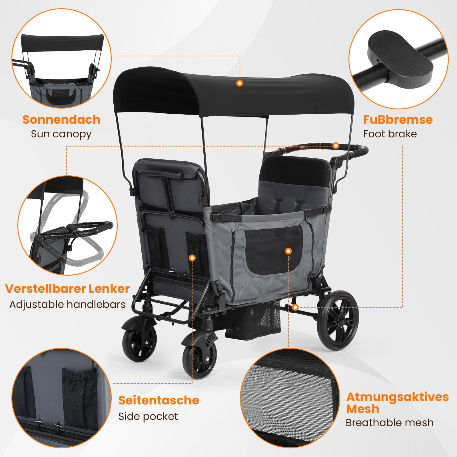 SACOOL Carrello per 2 bambini, pieghevole, grigio scuro, convertibile da sedile a letto, maniglia regolabile in 8 posizioni, tettuccio parasole, vassoio, cintura a 5 punti, ruote in poliuretano con