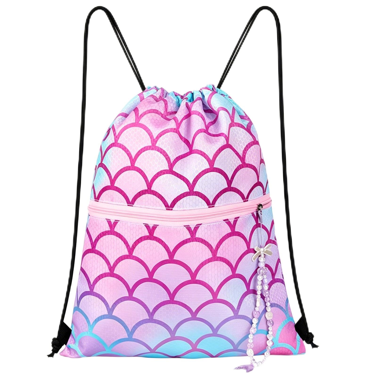 Fantasyon Drawstring Bags for Kids, Waterproof Swimming Bags for Kids with Zippered Pocket Fish Tail Bead Chain, String Backpack for Beach Swimming Pool School - 34 x 45cm