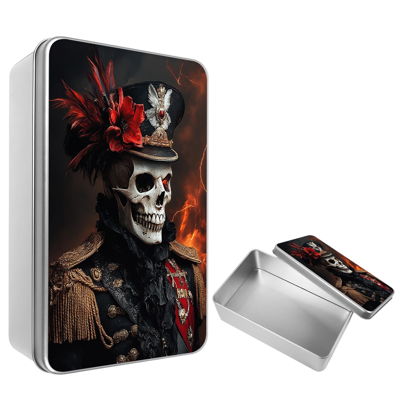 XPMPDYID Metal Tin Box with Lid, Rectangular Storage Bins Organizer, Skull Officer Hat Decorative Storage Box Containers for MTG Card Trinket Jewelry Key Craft for Desk Home Office Gift