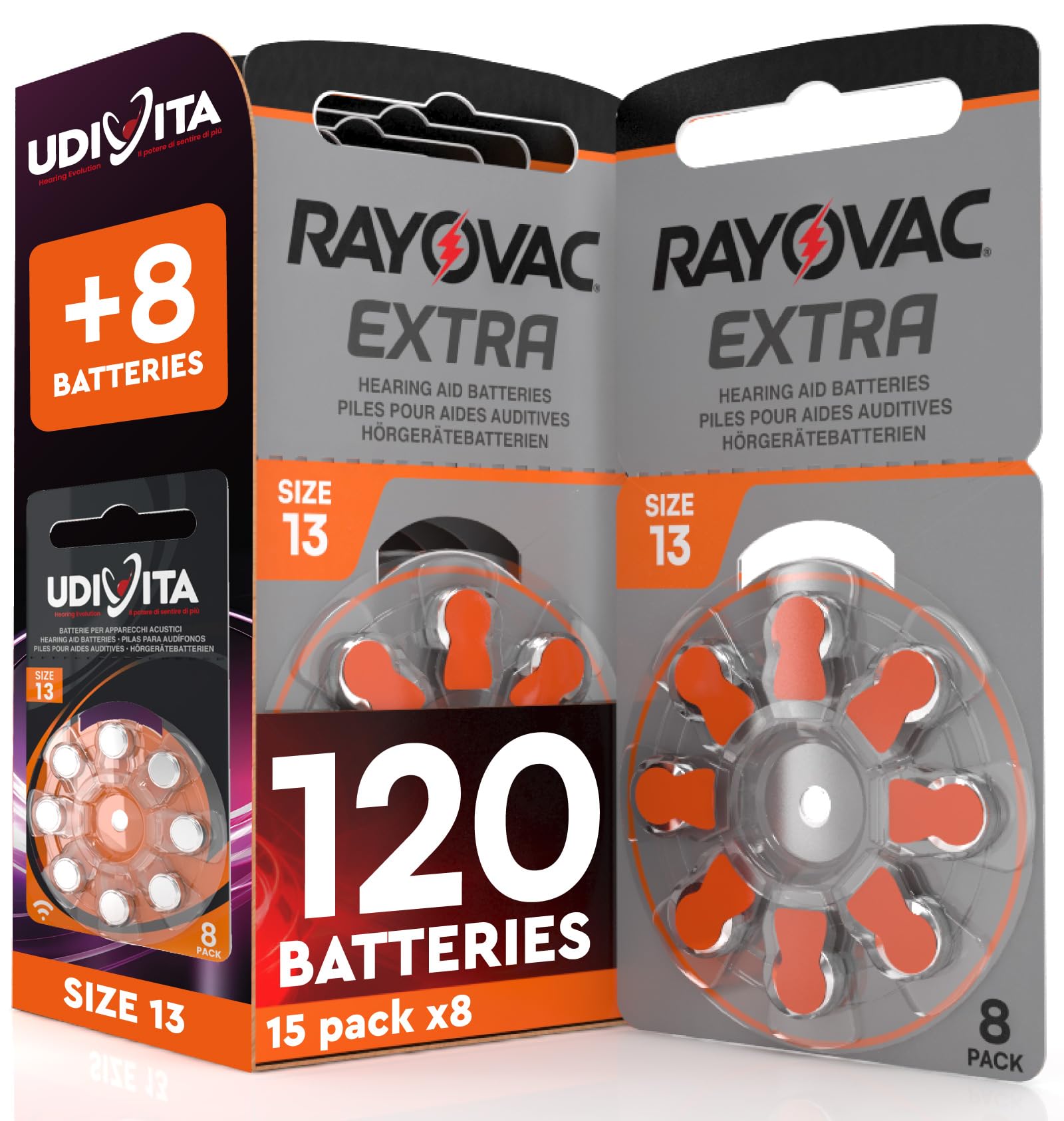120 Piles Auditives 13 Rayovac pour Appareils Auditifs + 8 Piles Udivita