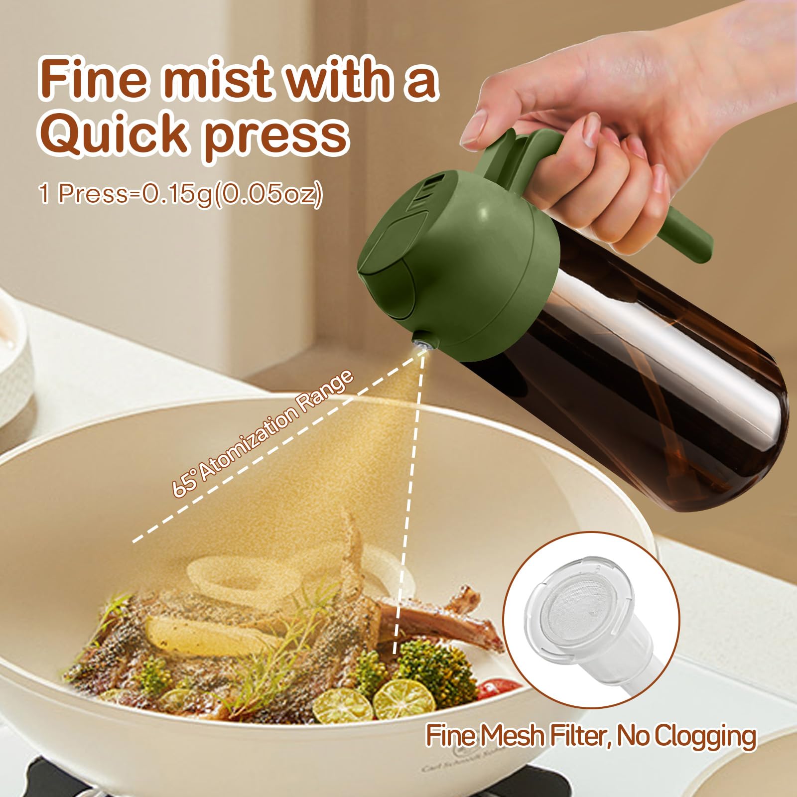 YARRAMATE 16oz/470ml Dark Brown Oil Sprayer for Cooking with Stickers, Food-grade Premium 2 in 1 Olive Oil Dispenser Bottle for Kitchen Gadgets, Air Fryer, Salad, Frying, BBQ (OliveGreen) - Image 5