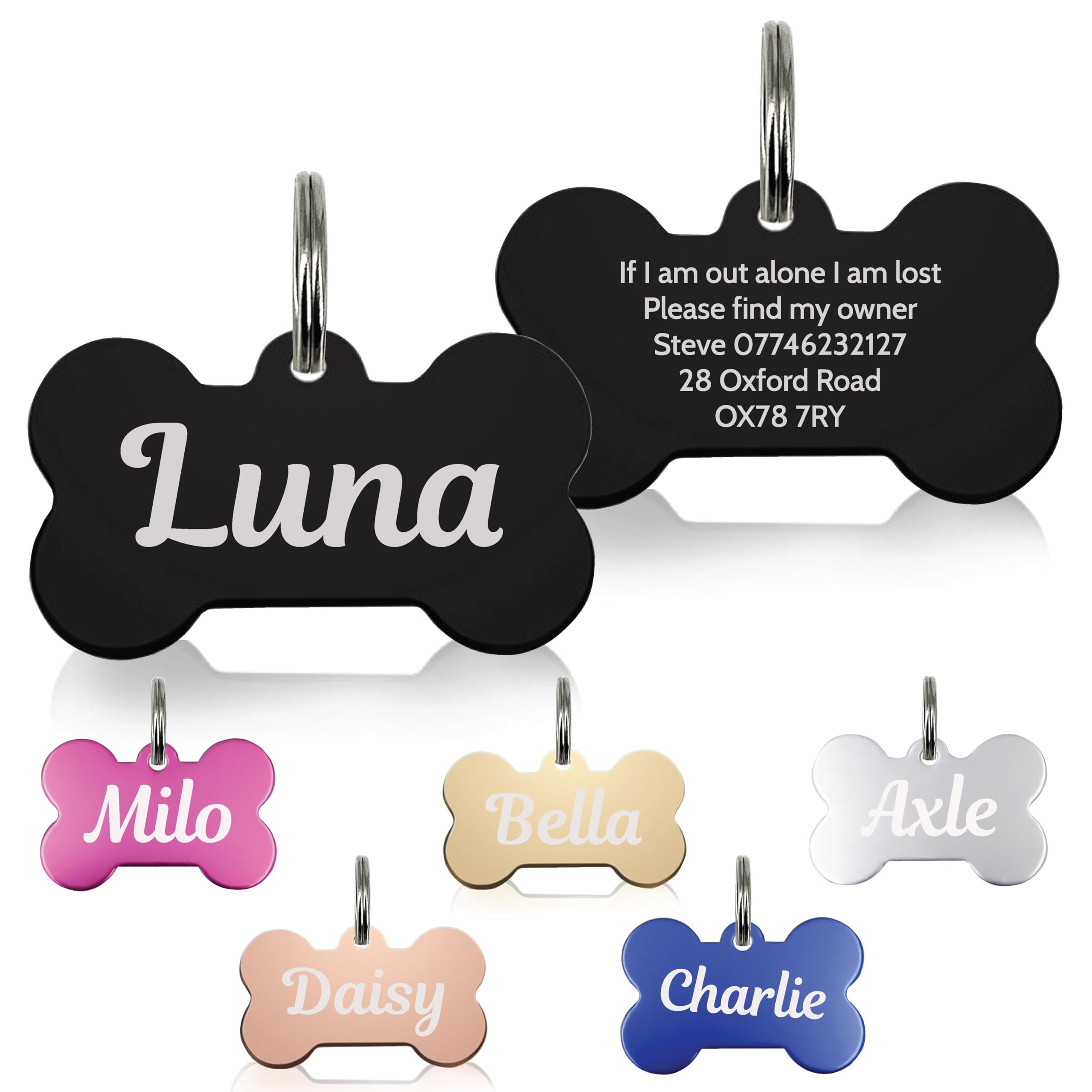 Personalised Dog Tags for Pets Engraved UK Cat Dog Name Identity Pet Tags Doggy Kitten Kitty Puppy Deep Engraved ID Stainless Steel (Bone Shape - Black)