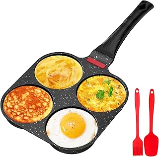 poele a pancakes, antiadhésive en aluminium pour poêle à pancake à 4 trous, appareil pancake avec Brosse à Huile de Silicone, pour petit-déjeuner oeuf, pour Cuisinière à Gaz (Noir)