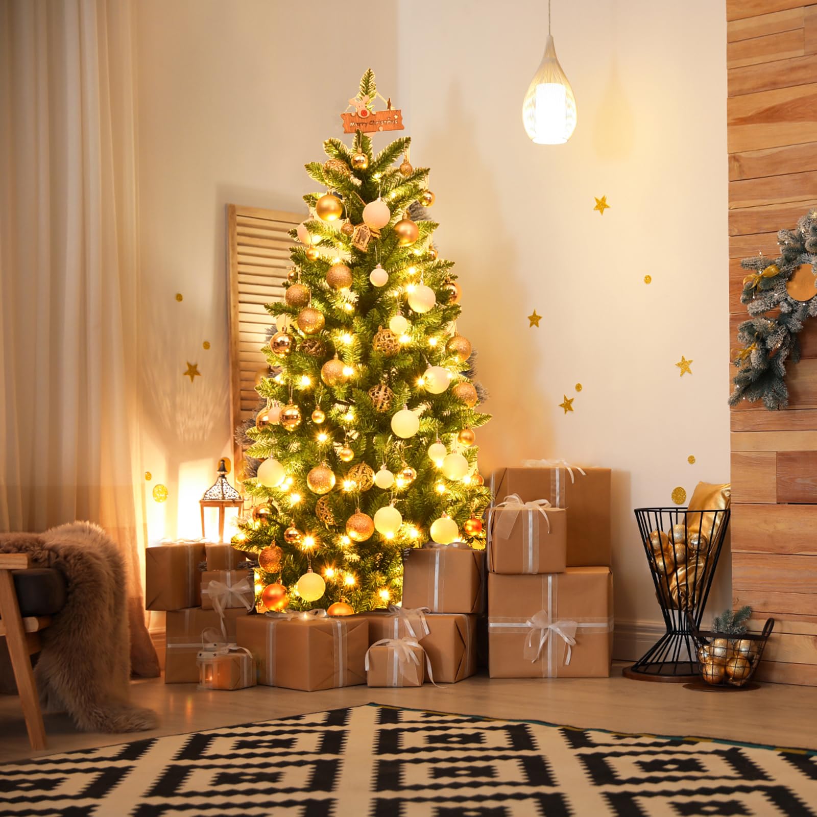 COSTWAY Albero di Natale Slim 150/180/210 cm, Albero di Natale con 150/250/350 Luci LED, 300/743/995 Rami Folti e Base di Metallo, Decorazione Natalizia per Casa e Ufficio (150cm)
