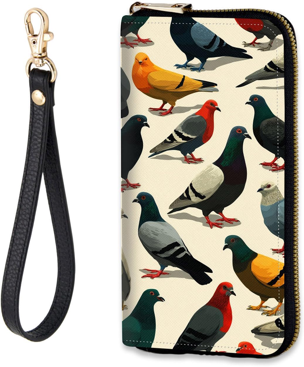 Women's RFID-Blocking Zip Around Wallet with Detachable Wrist Strap, Large Capacity Phone Holder Clutch Purse for Travel, Colorful Pigeons Pattern