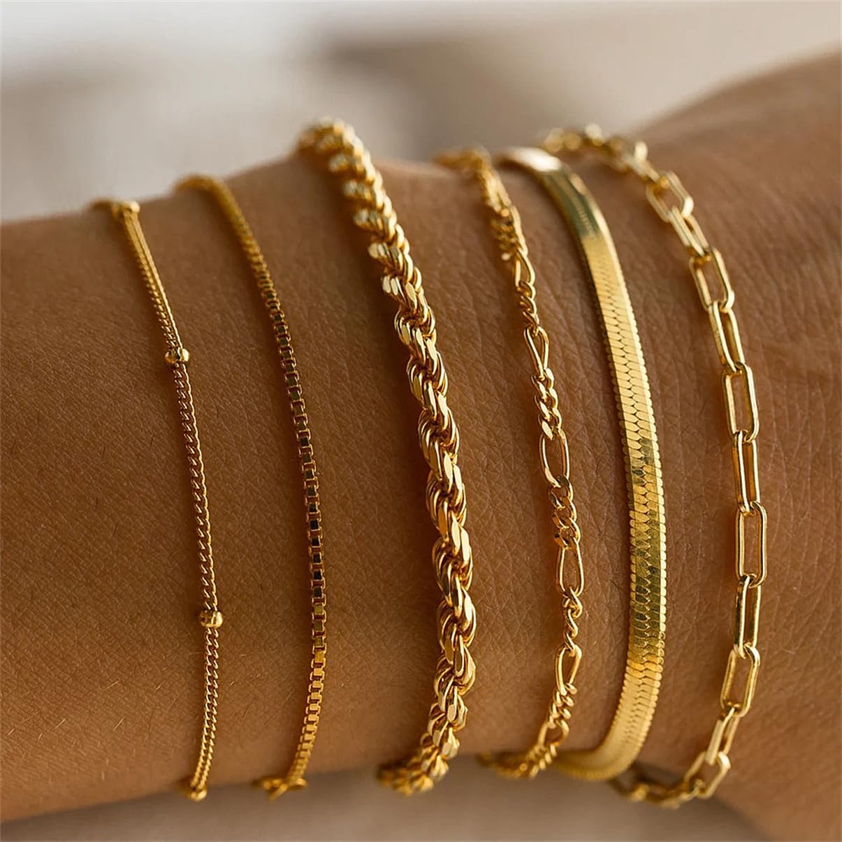 Gold Bangle Cuff Bracelets Set for Women,14K Gold Plated Stackable Bracelets for Women,Dainty Adjustable Bangle Paperclip Snake Cuban Link Chain Bracelets for Women - Image 2