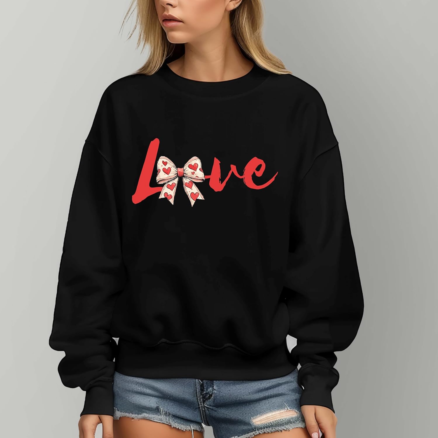Love Bow Sweatshirt, Heart Ribbon Graphic Pullover, Cute Valentine Sweatshirt for Women, Soft Cozy Love Crewneck, Casual Romantic Gift Top Multicolor - Image 7