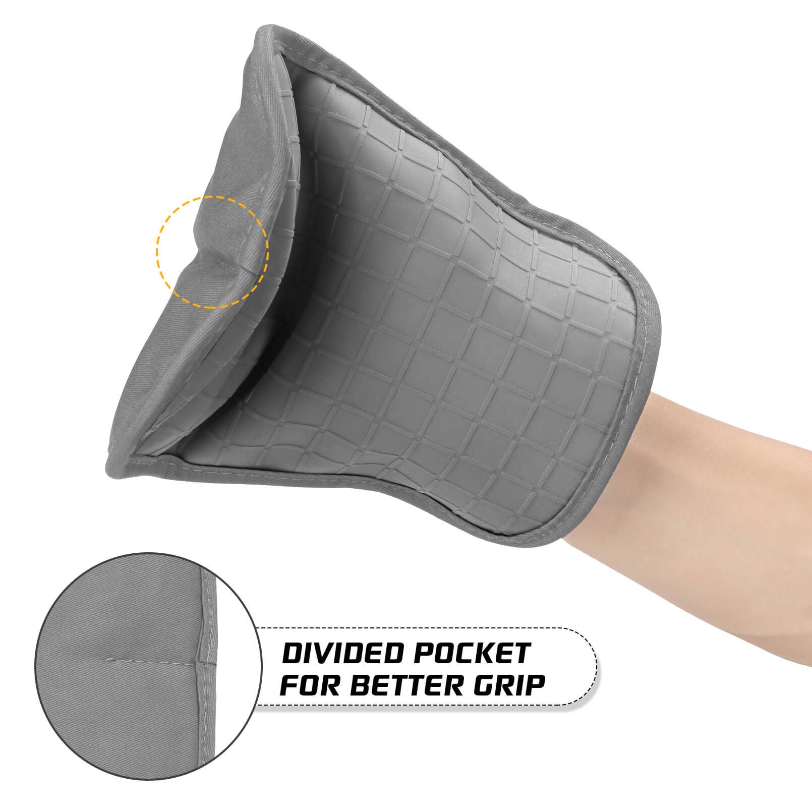 HOMWE Silikon-Ofenhandschuhe und Topflappen mit Taschen, 4-teiliges Set Kochhandschuhe, Dampf- und Hitzebeständige Küchenarbeitsplatte, rutschfeste Griff-Topflappen, weiches Innenfutter (Grau)