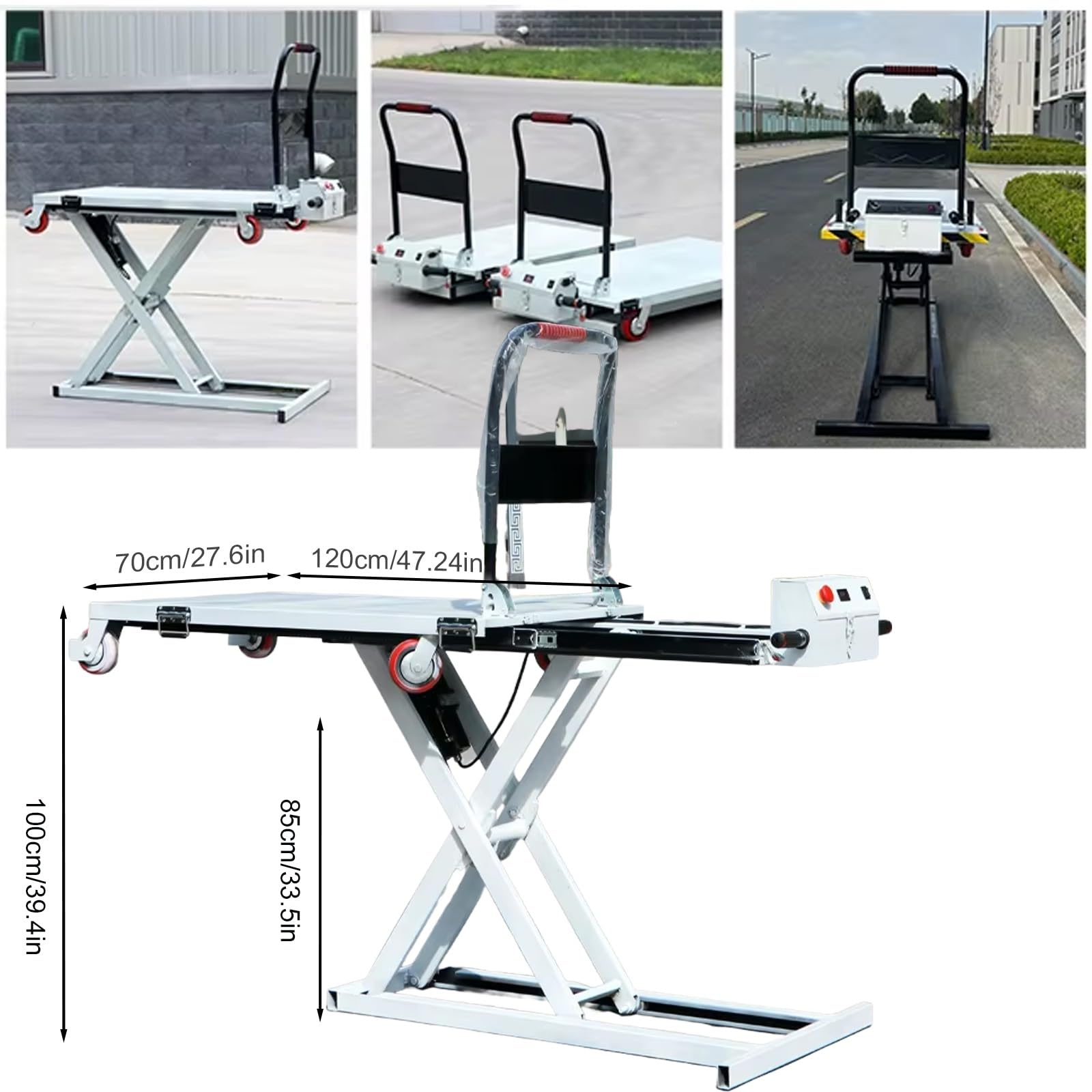 Carrello elevatore elettrico a forbice singola da 300 kg, carrello elevatore idraulico a pianale ribassato con 4 ruote(100)
