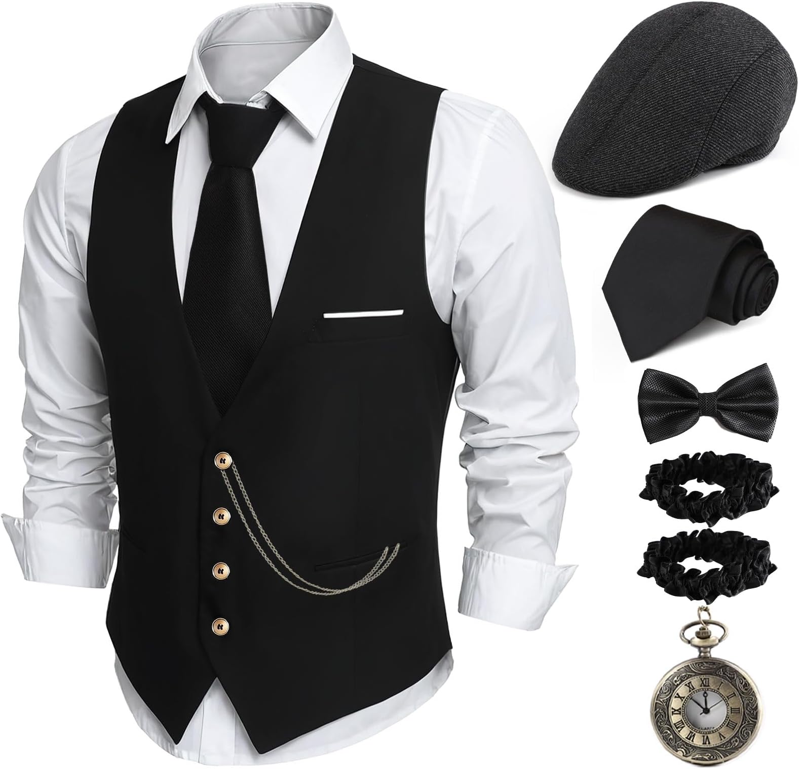 1920s Mens Costume,Roaring 20s Costumes for Men,1920S Mens Outfit Accessories with Vest Hat Pocket Watch Tie Armband