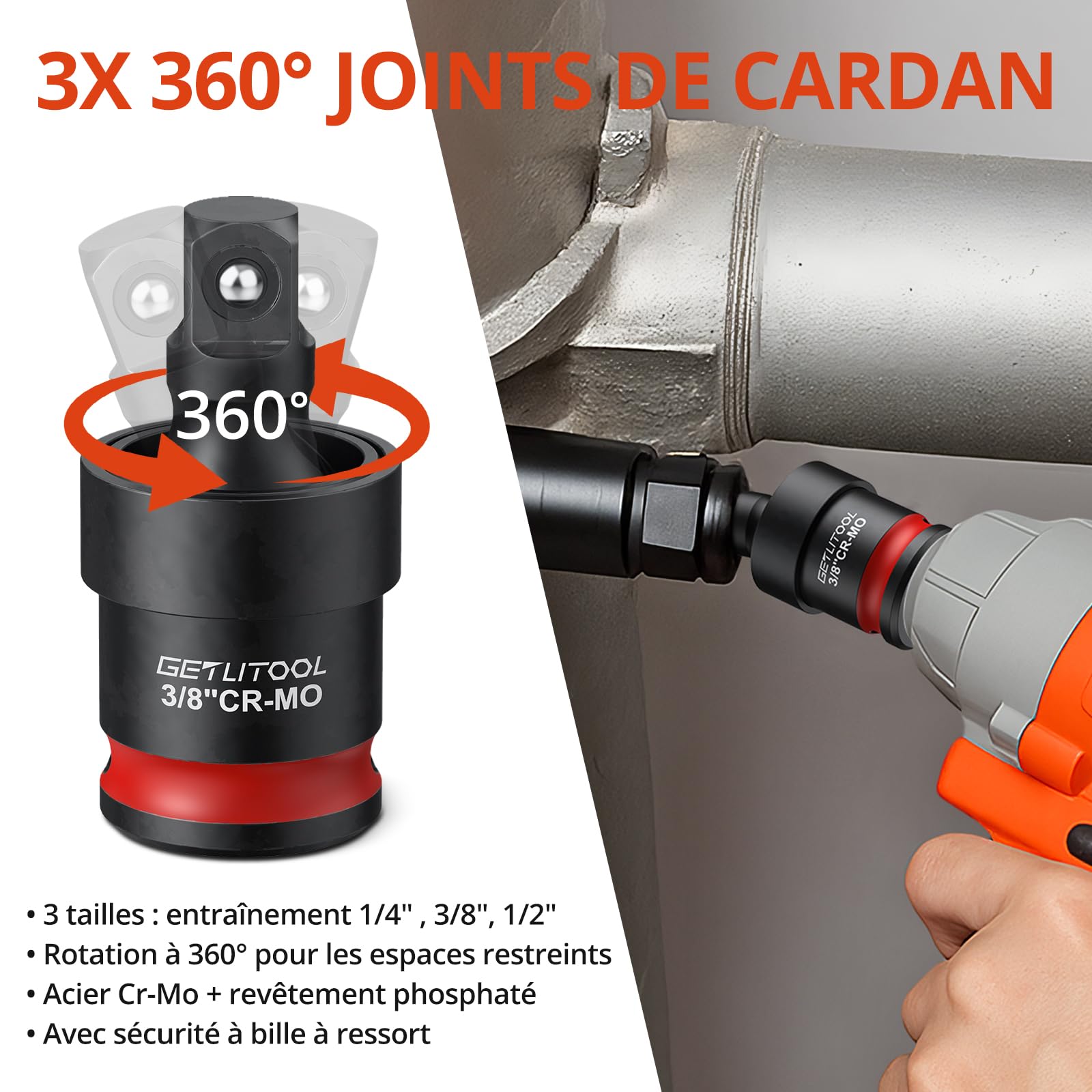 GETLITOOL Lot de 20 adaptateurs de douille, 11 adaptateurs de clé à douille, 6 adaptateurs de visseuse à percussion, 3 joints de cardan, adaptateur professionnel pour outils de percussion Cr-V & Cr-Mo