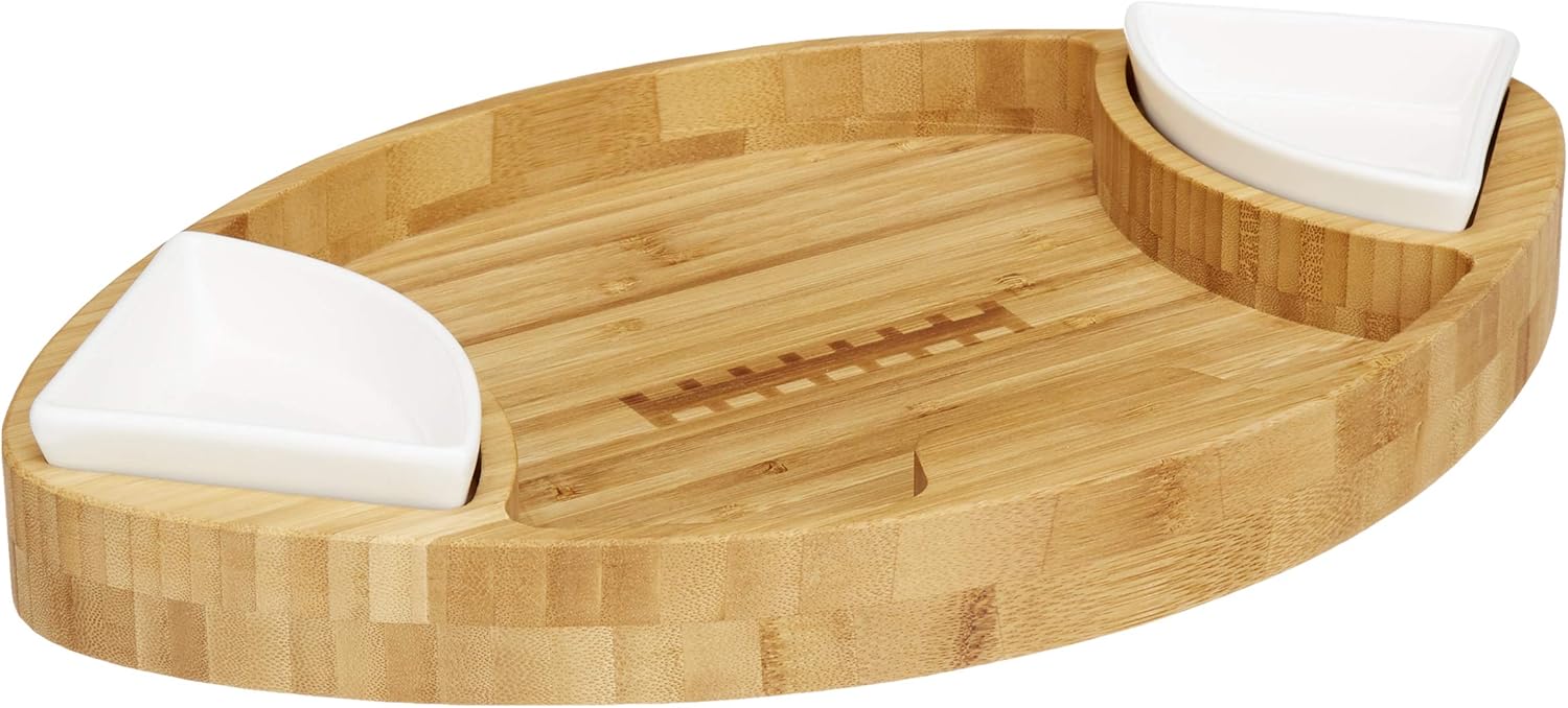 Football Shaped Bamboo Serving Tray (10" x 16" x 2.5”) Includes 2 Dip Trays - Large Chip Serving Dish for Parties