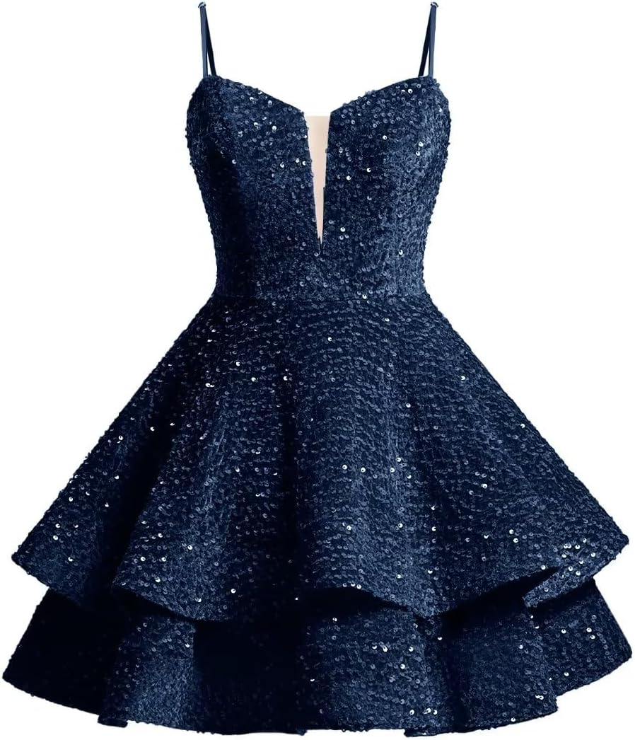 UZN Tiered Sequin Homecoming Dresses Short for Teens Sparkly Prom Dress V Neck Cocktail Gown