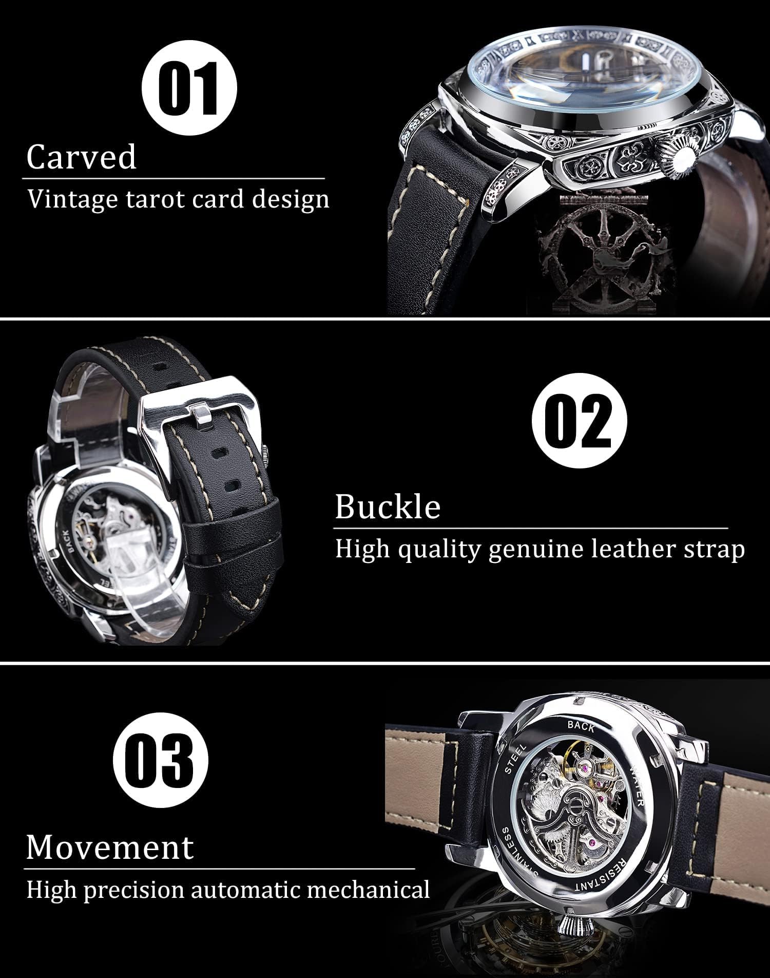 Reloj mecánico retro cuadrado de lujo para hombre, magnífico esqueleto hueco tallado automático relojes vintage correa de cuero reloj de pulsera plateado Dail correa negra, plateado, 9