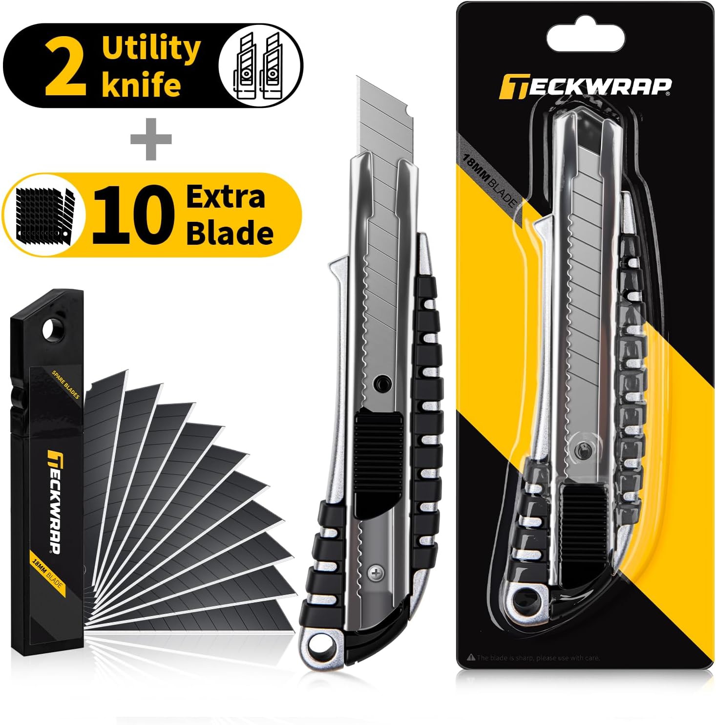 TECKWRAP Utility Knife, Retractable Box Cutter Heavy-Duty Knives for Cardboard, Drywall, Vinyl, Leather, carpet，Crafts, Office & Home Use, Quick Change Blade Razor Knife, 2-Pack with 10 Extra Blades